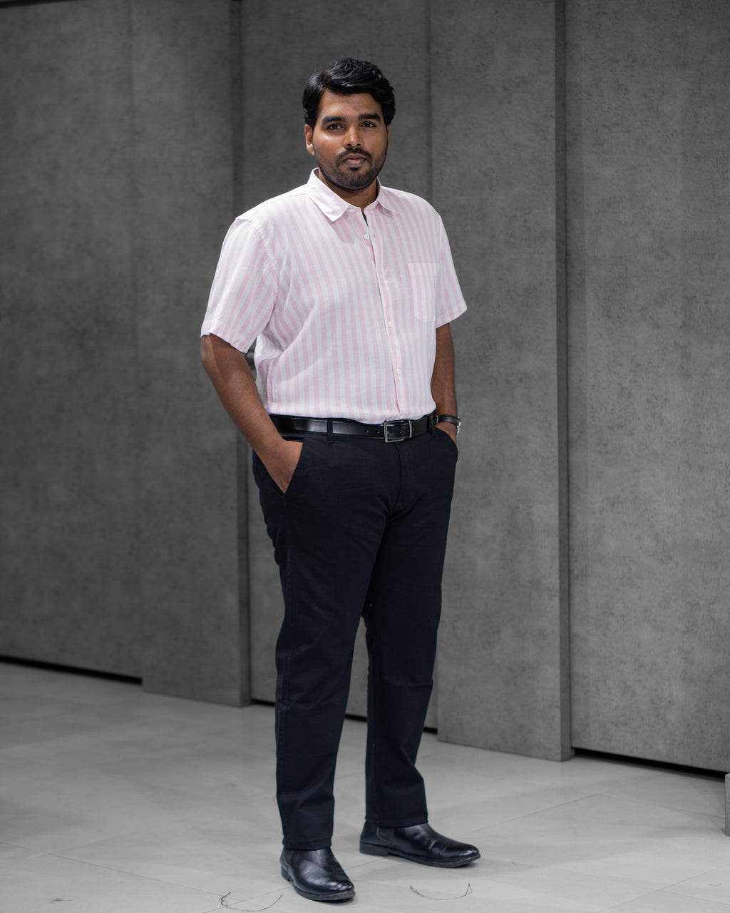 Soft Pink Linen Blended Striped Half Sleeve Shirt - Menly Clothing