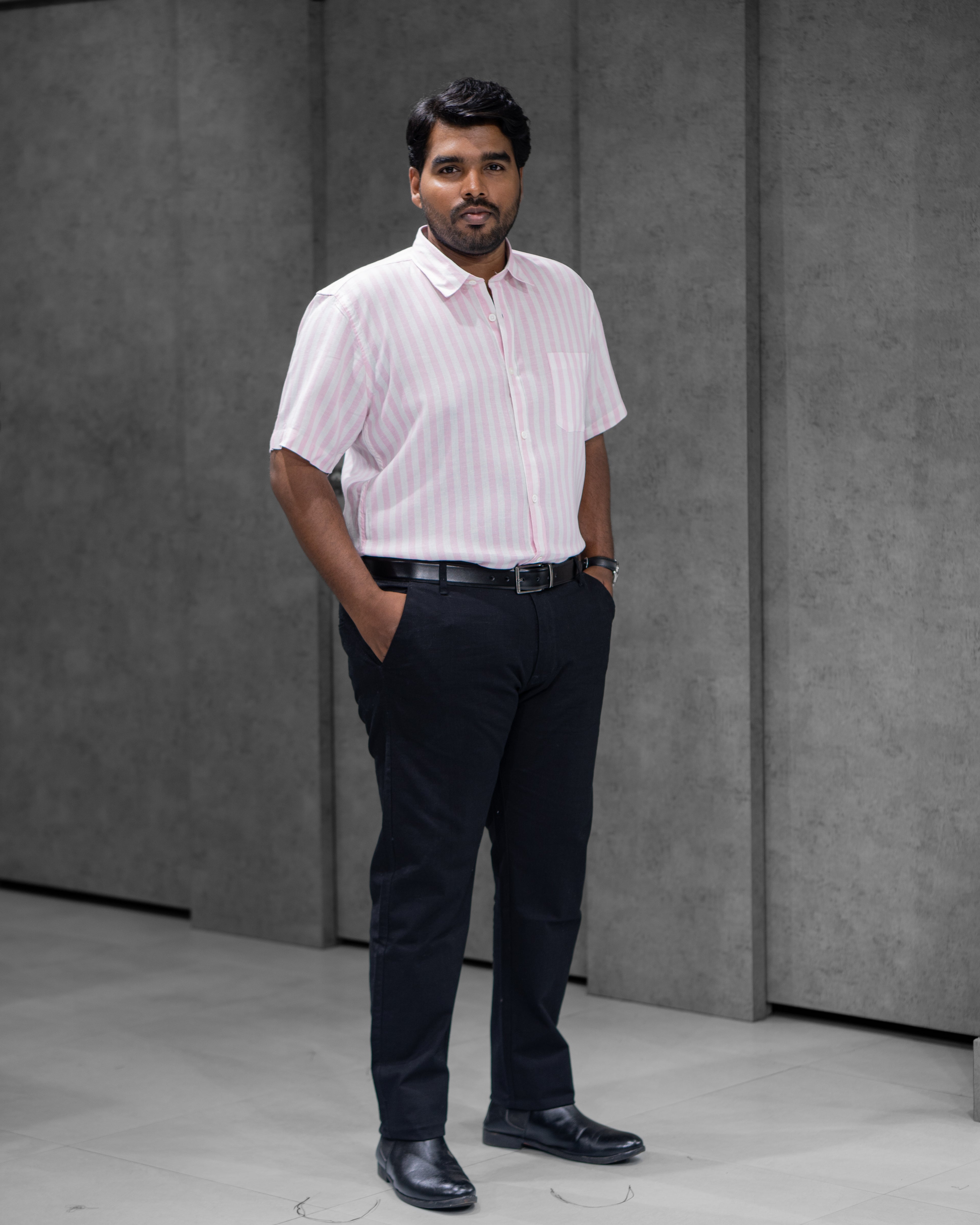 Soft Pink Linen Blended Striped Half Sleeve Shirt