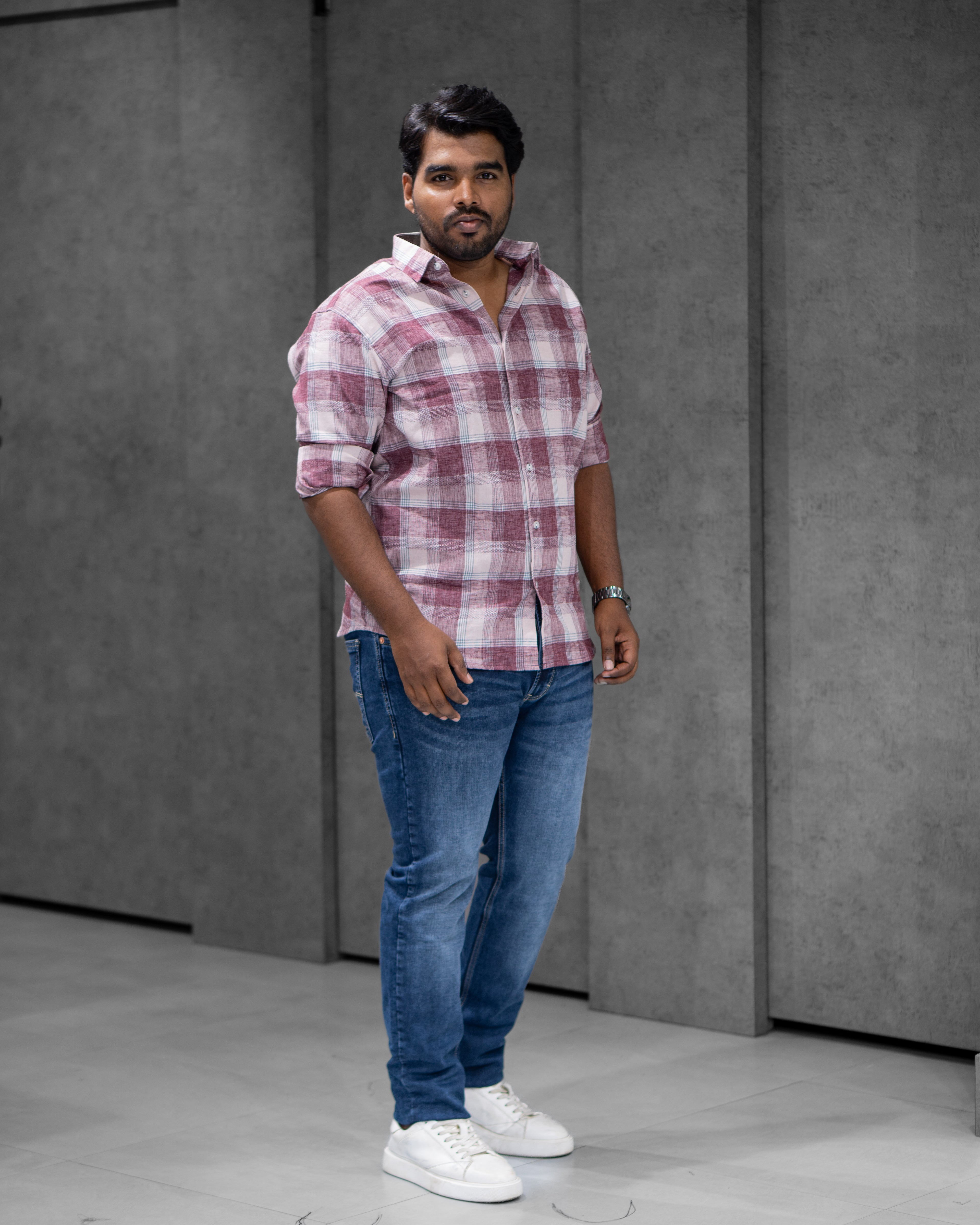 Rosewood Cotton Linen Checked Full Sleeve Shirt