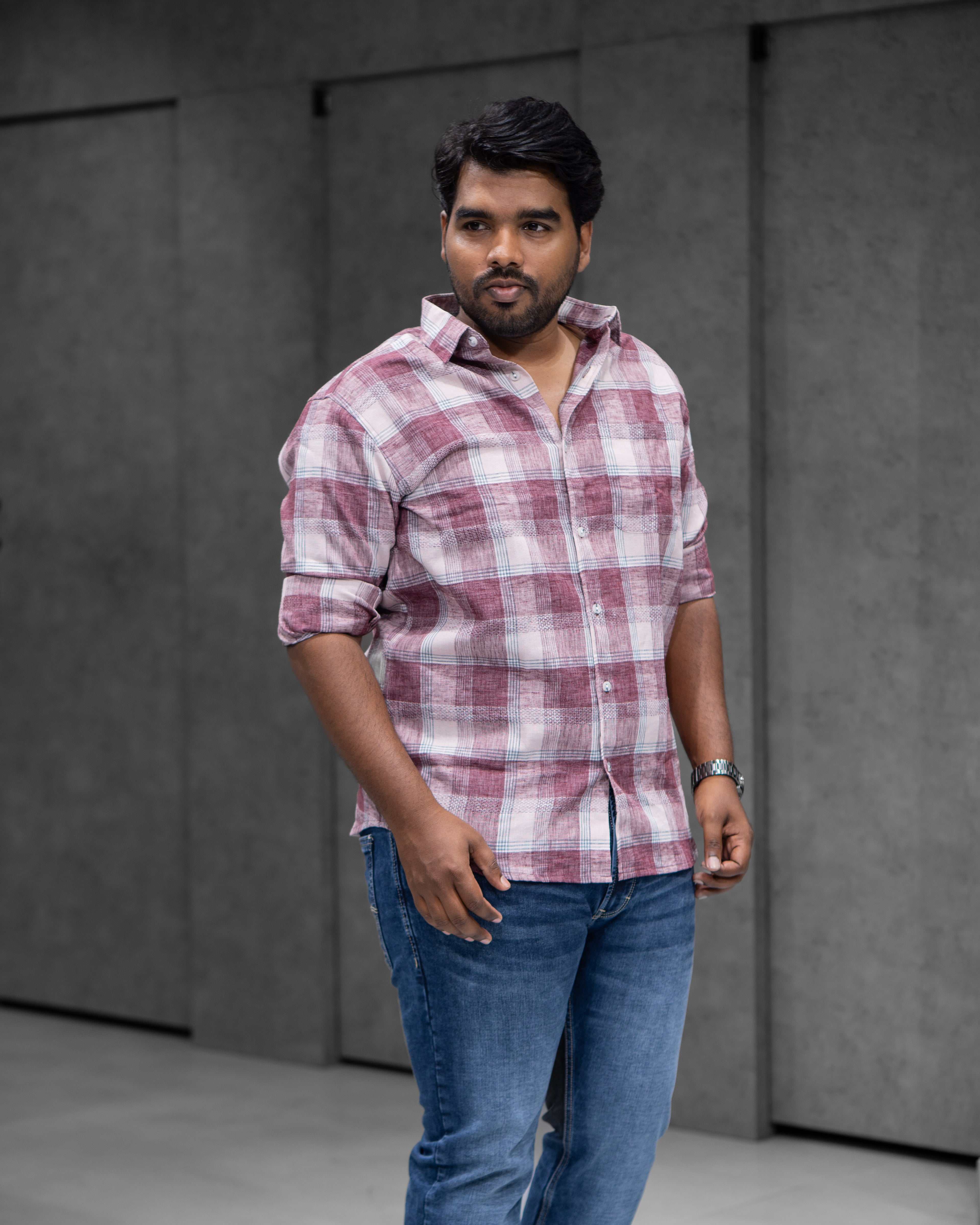 Rosewood Cotton Linen Checked Full Sleeve Shirt