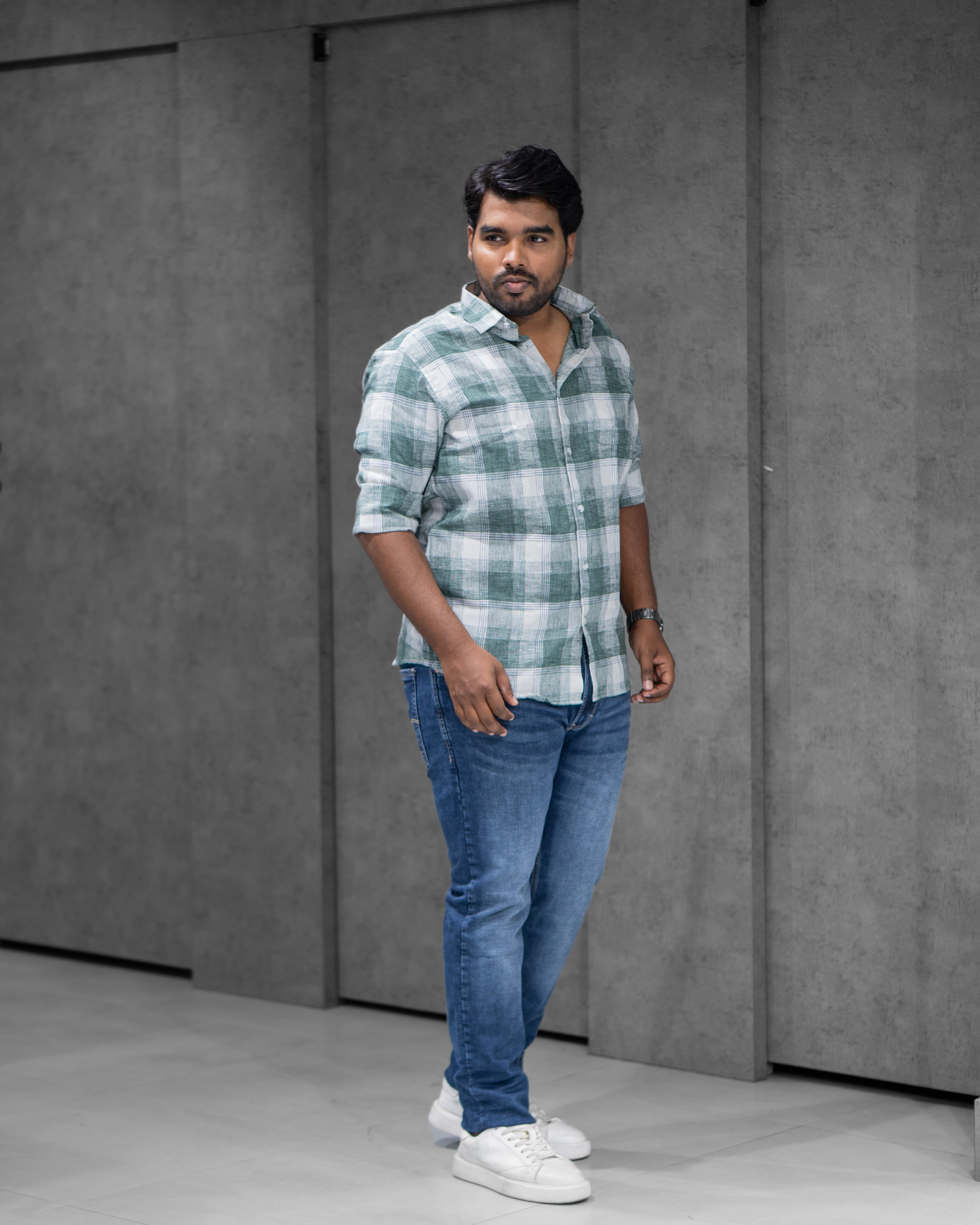 Forest Green Cotton Linen Checked Full Sleeve Shirt
