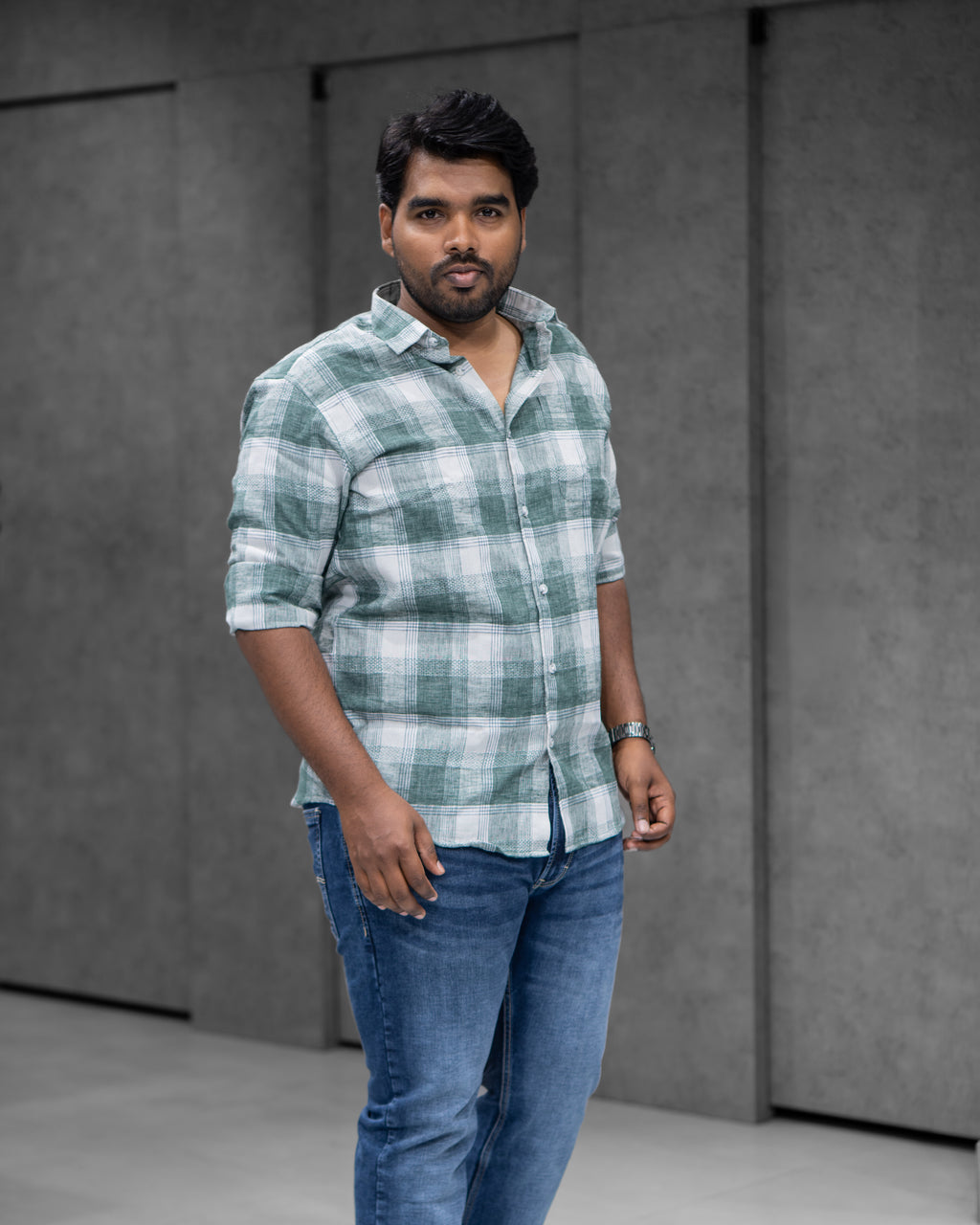 Forest Green Cotton Linen Checked Full Sleeve Shirt - Menly Clothing