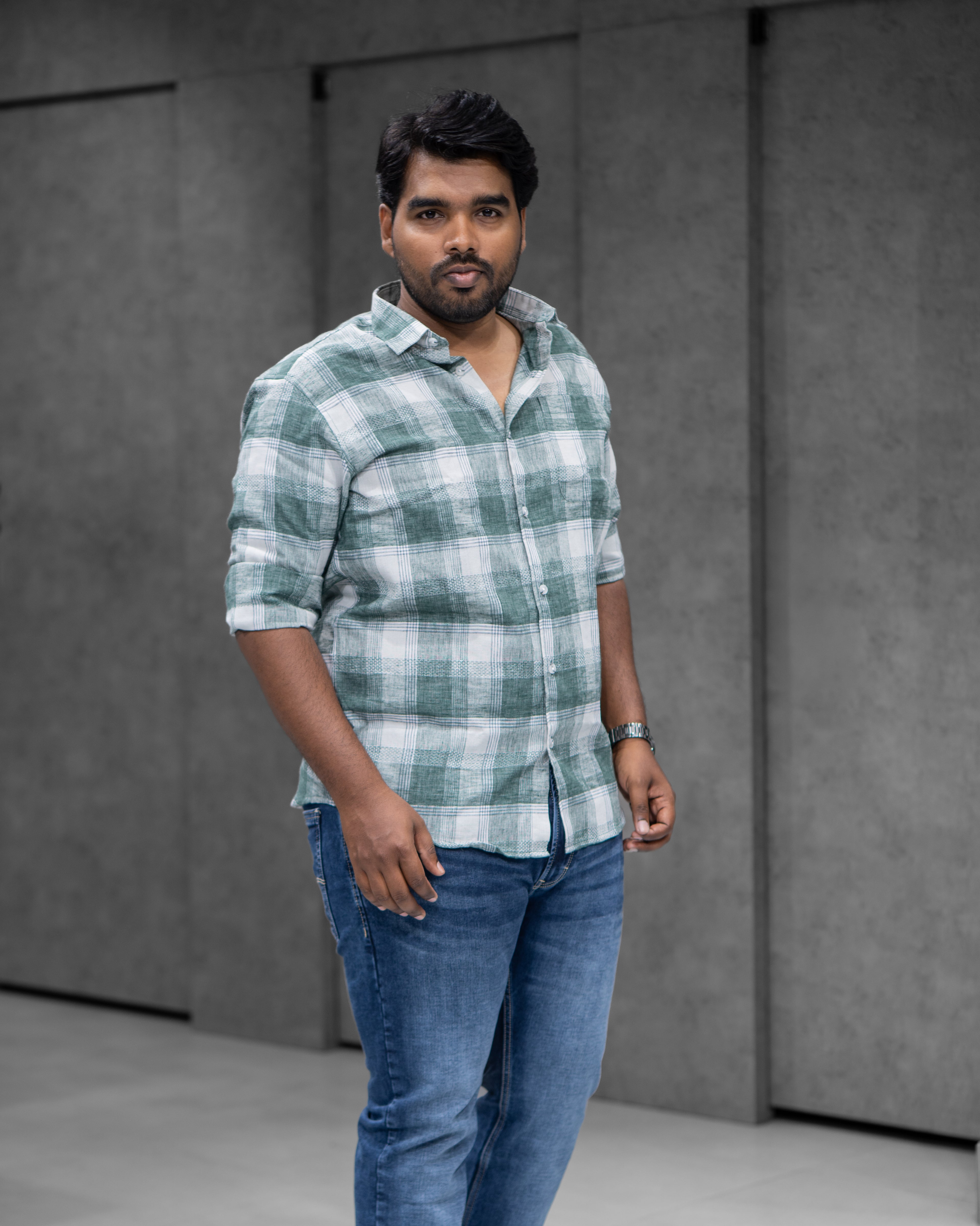 Forest Green Cotton Linen Checked Full Sleeve Shirt