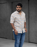 Sand Beige Cotton Linen Checked Full Sleeve Shirt - Menly Clothing