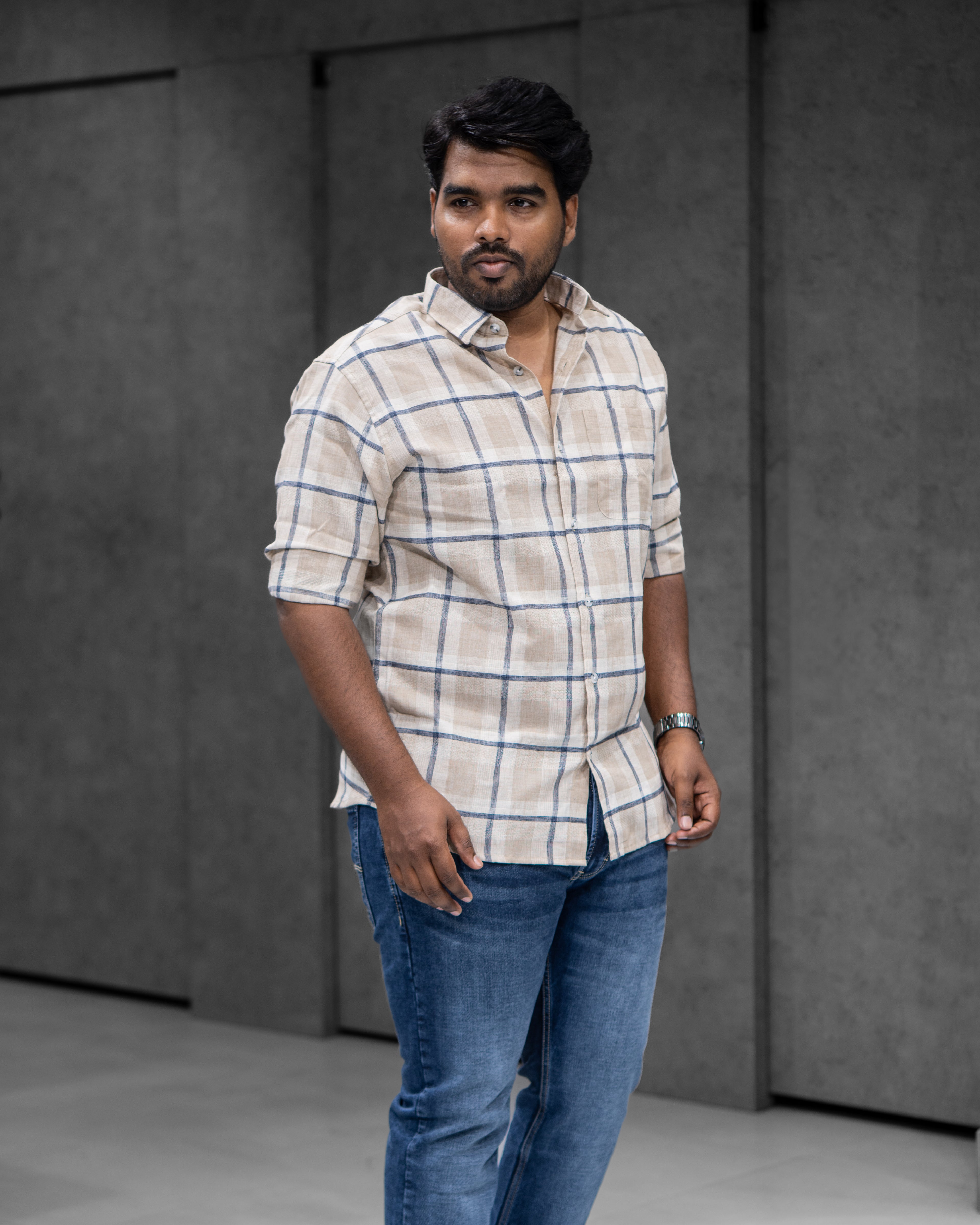 Sand Beige Cotton Linen Checked Full Sleeve Shirt