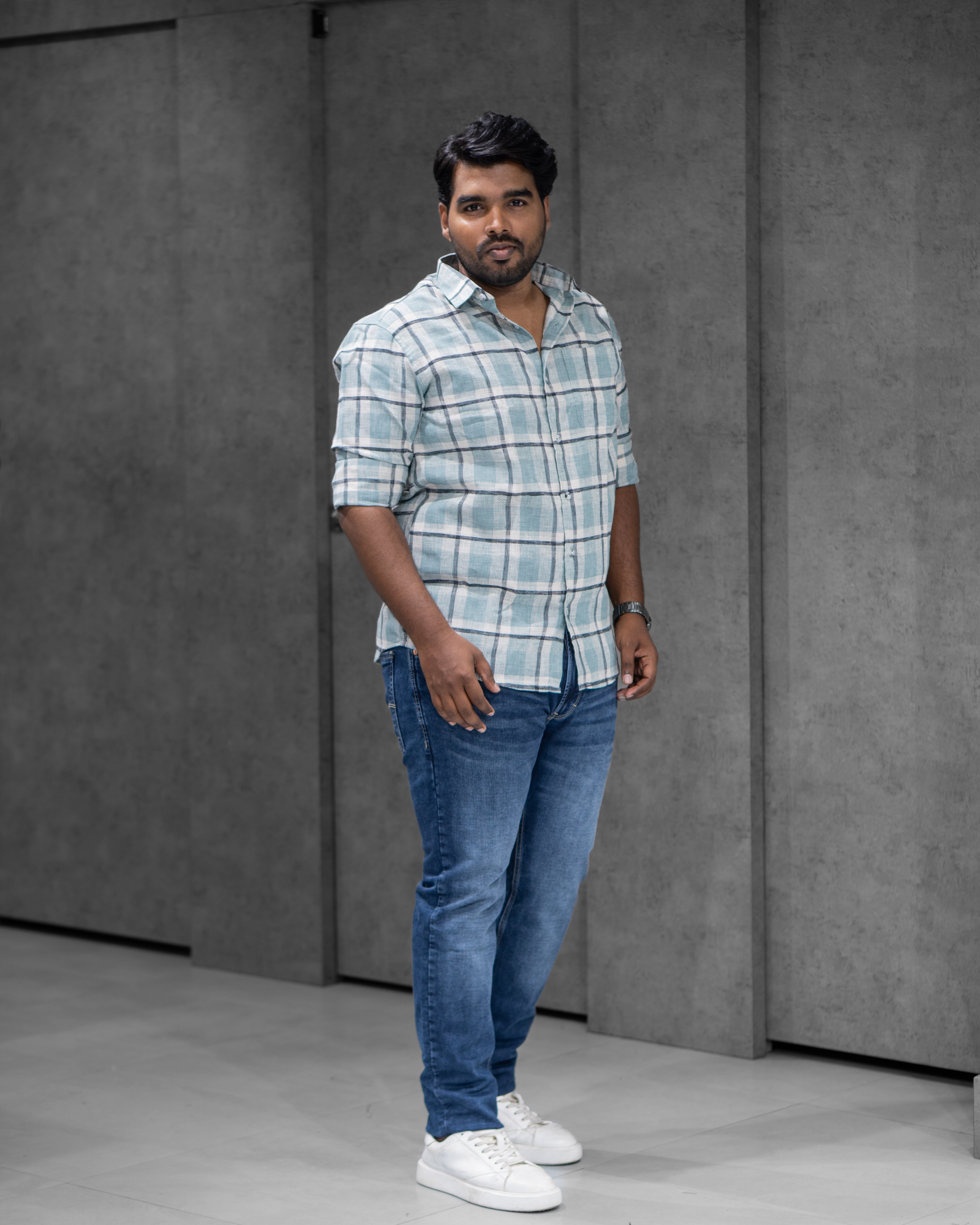 Ice Mint Cotton Linen Checked Full Sleeve Shirt