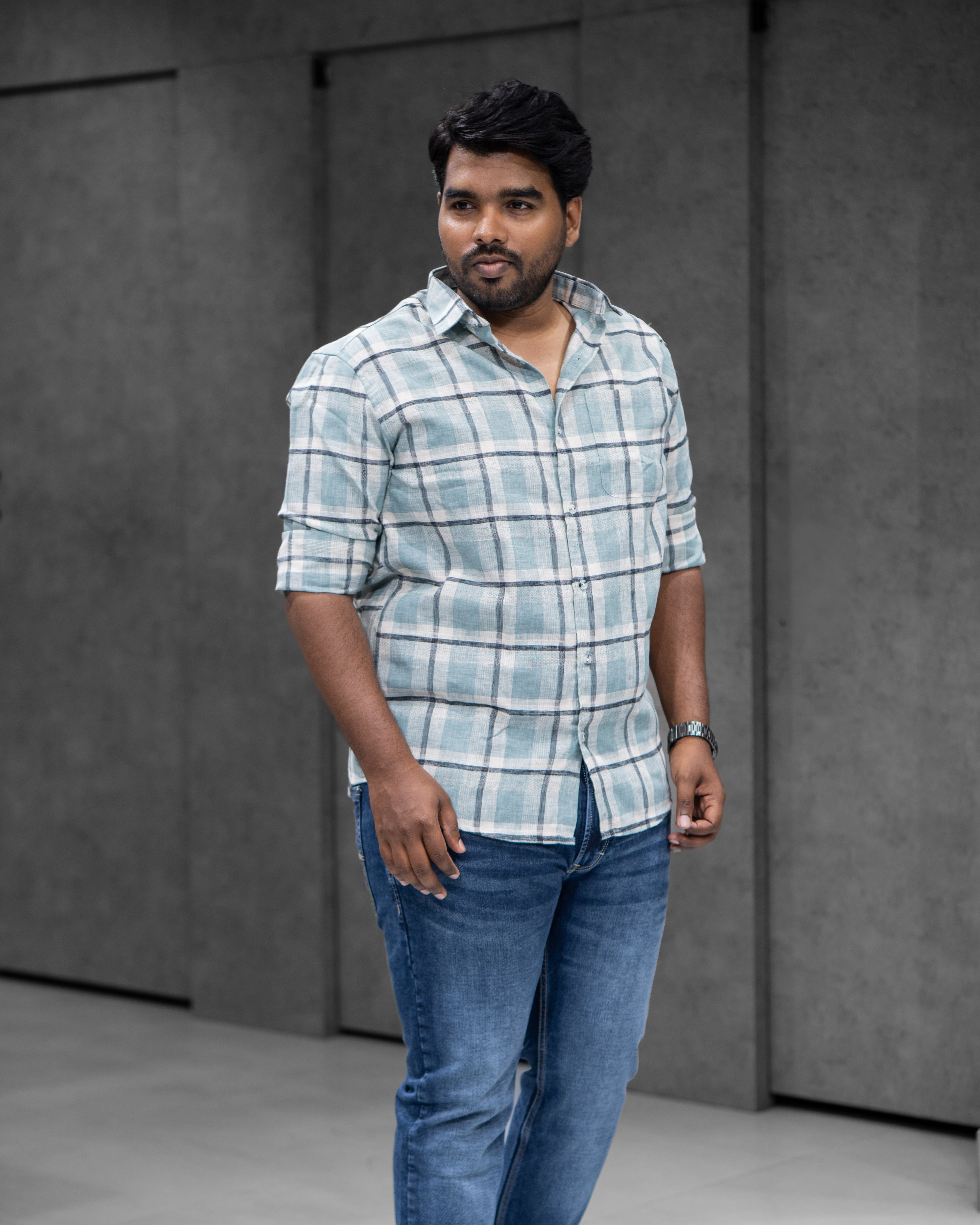 Ice Mint Cotton Linen Checked Full Sleeve Shirt