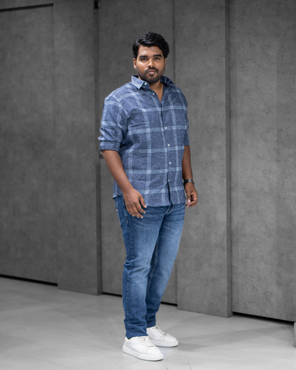 Steel Blue Cotton Linen Checked Full Sleeve Shirt - Menly Clothing