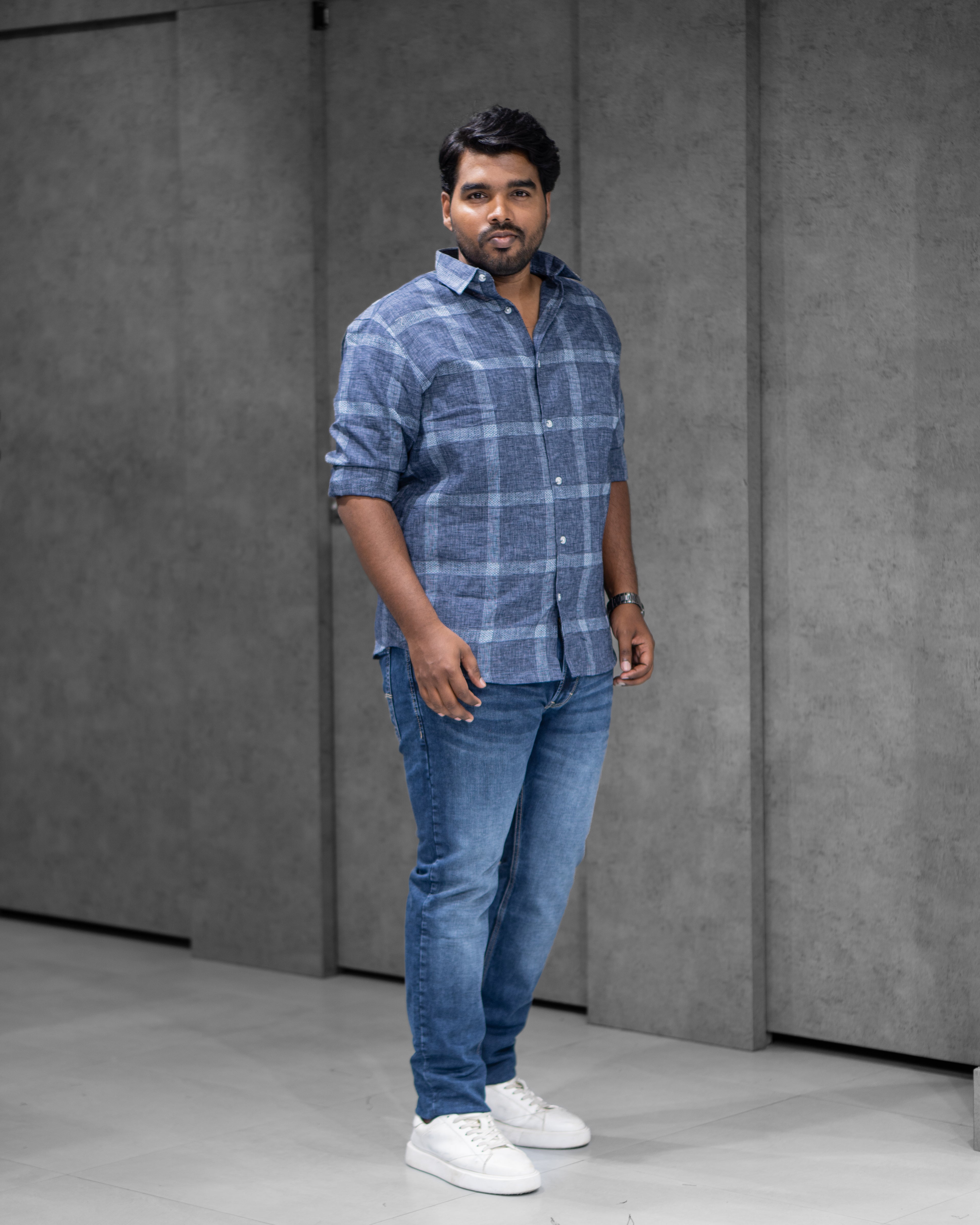 Steel Blue Cotton Linen Checked Full Sleeve Shirt