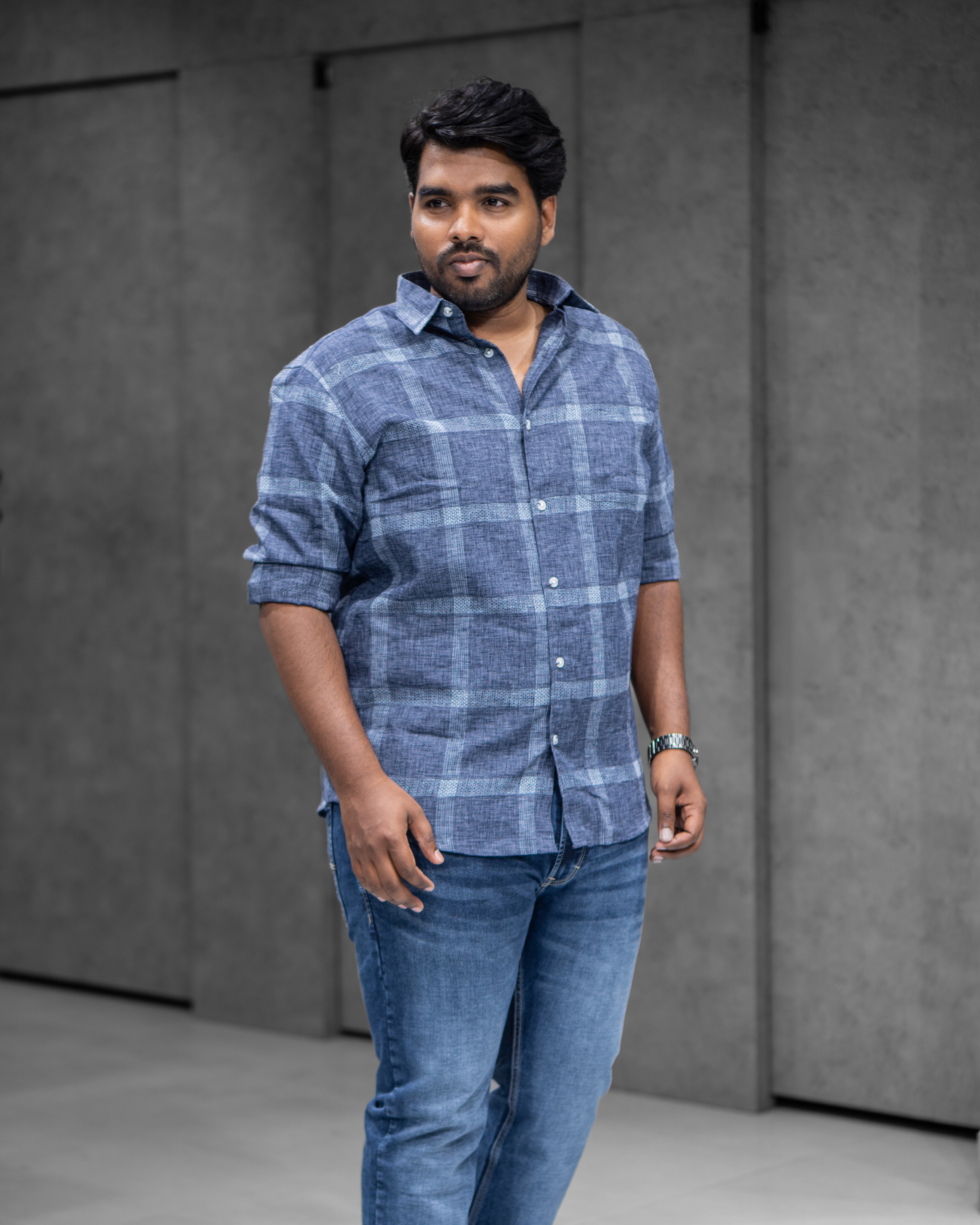 Steel Blue Cotton Linen Checked Full Sleeve Shirt