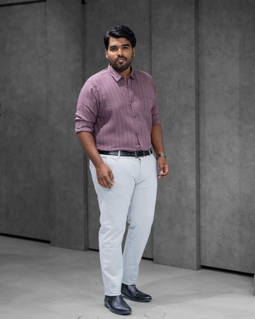 Mauve Purple Linen Blended Striped Shirt - Menly Clothing