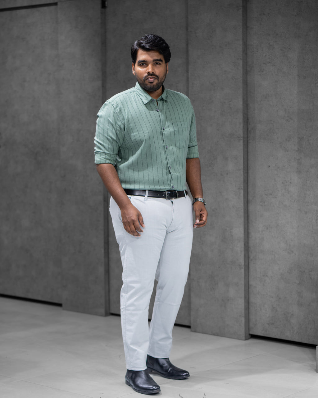 Sage Green Linen Blended Striped Shirt - Menly Clothing