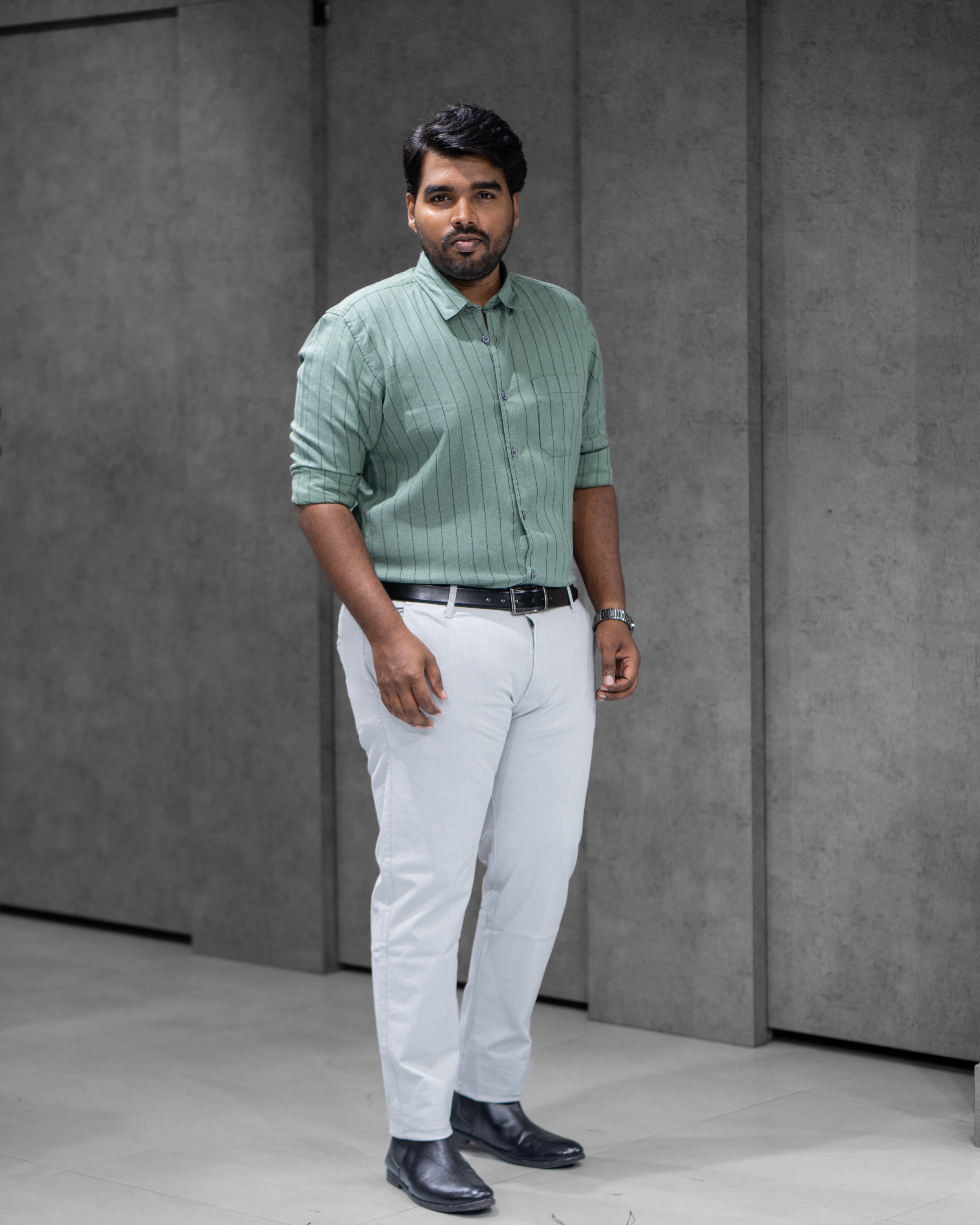 Sage Green Linen Blended Striped Shirt - Menly Clothing