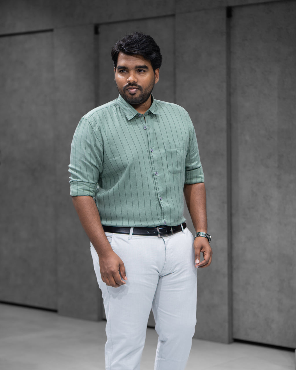 Sage Green Linen Blended Striped Shirt - Menly Clothing