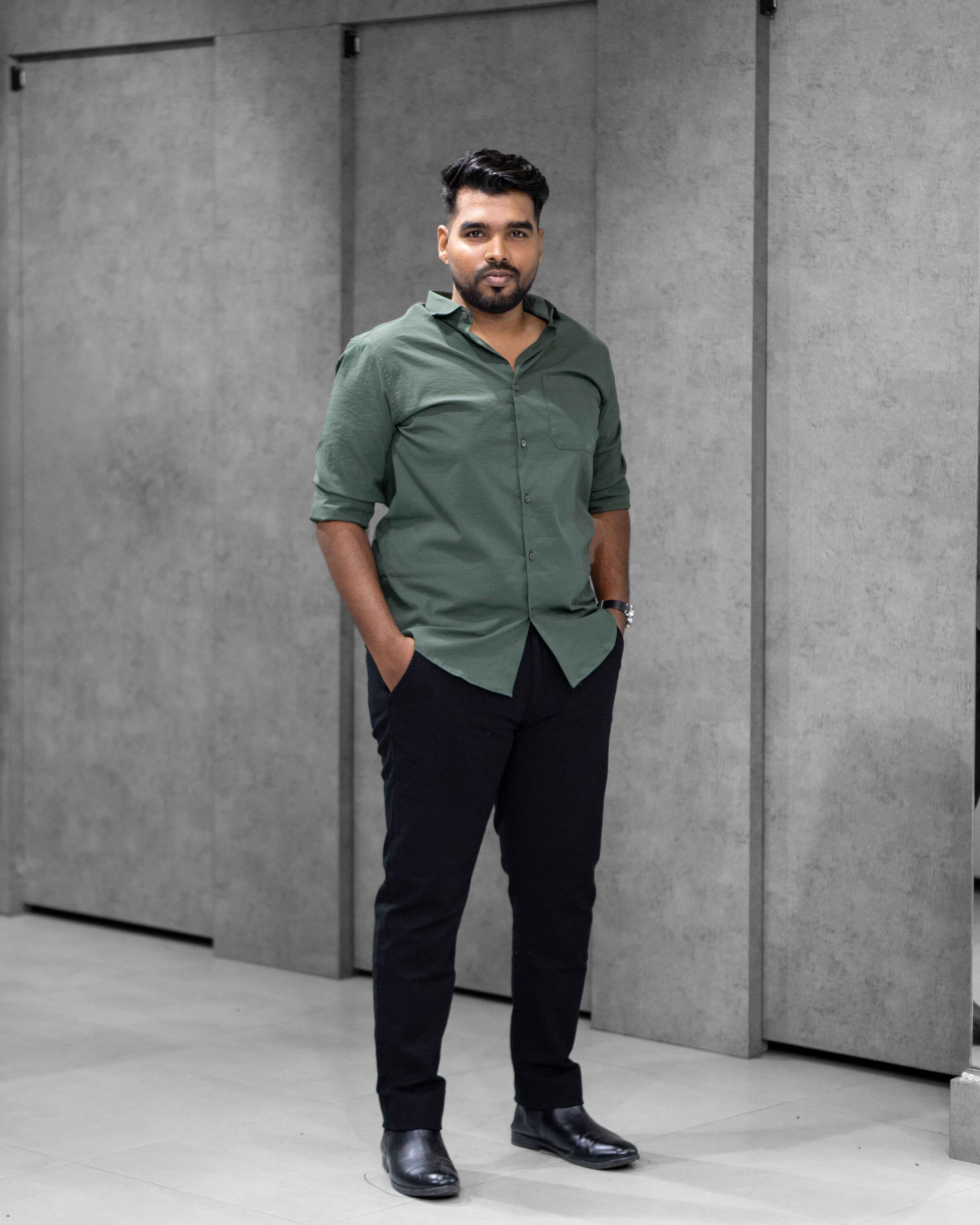 Menly Olive Green Textured Satin Shirt