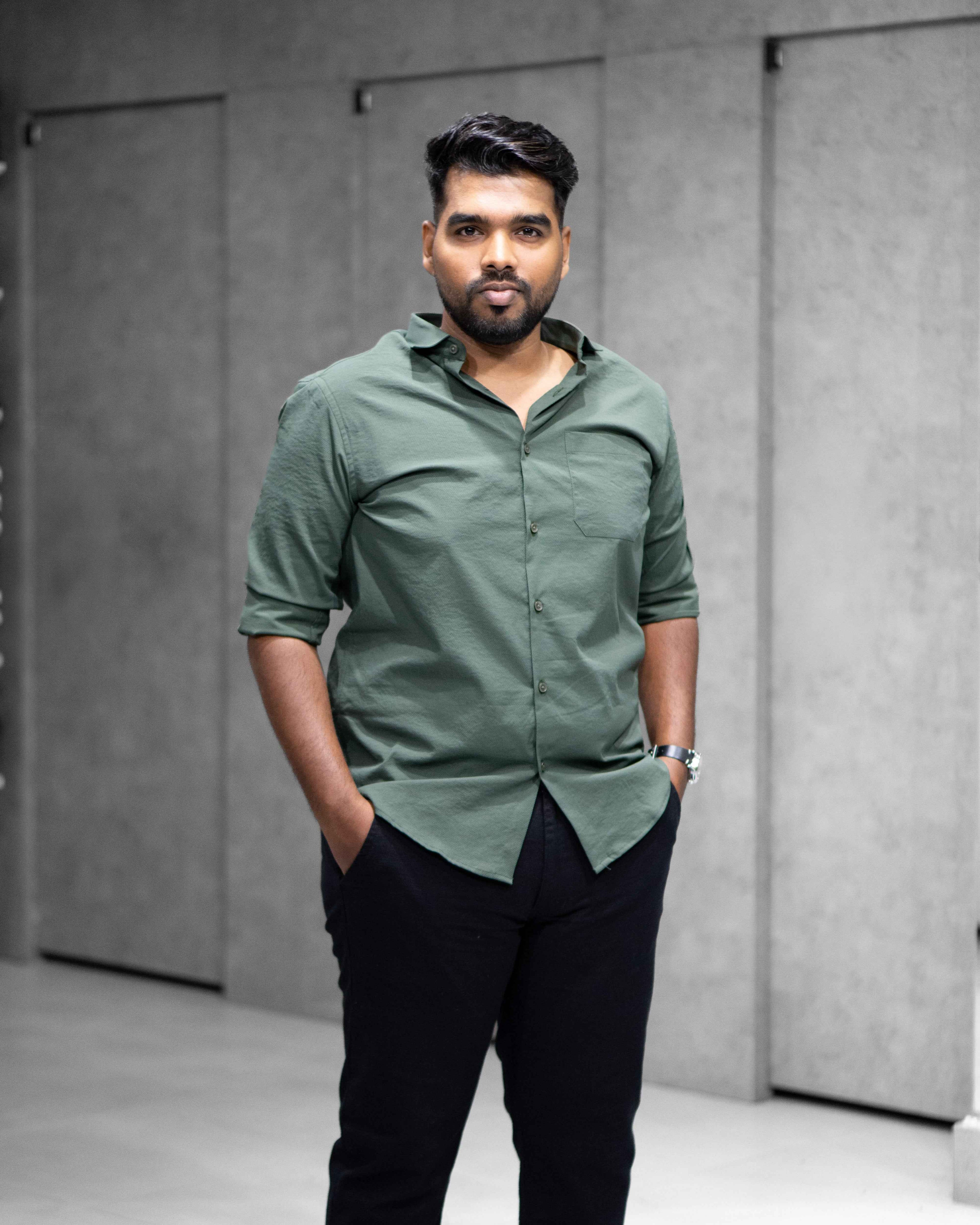 Menly Olive Green Textured Satin Shirt