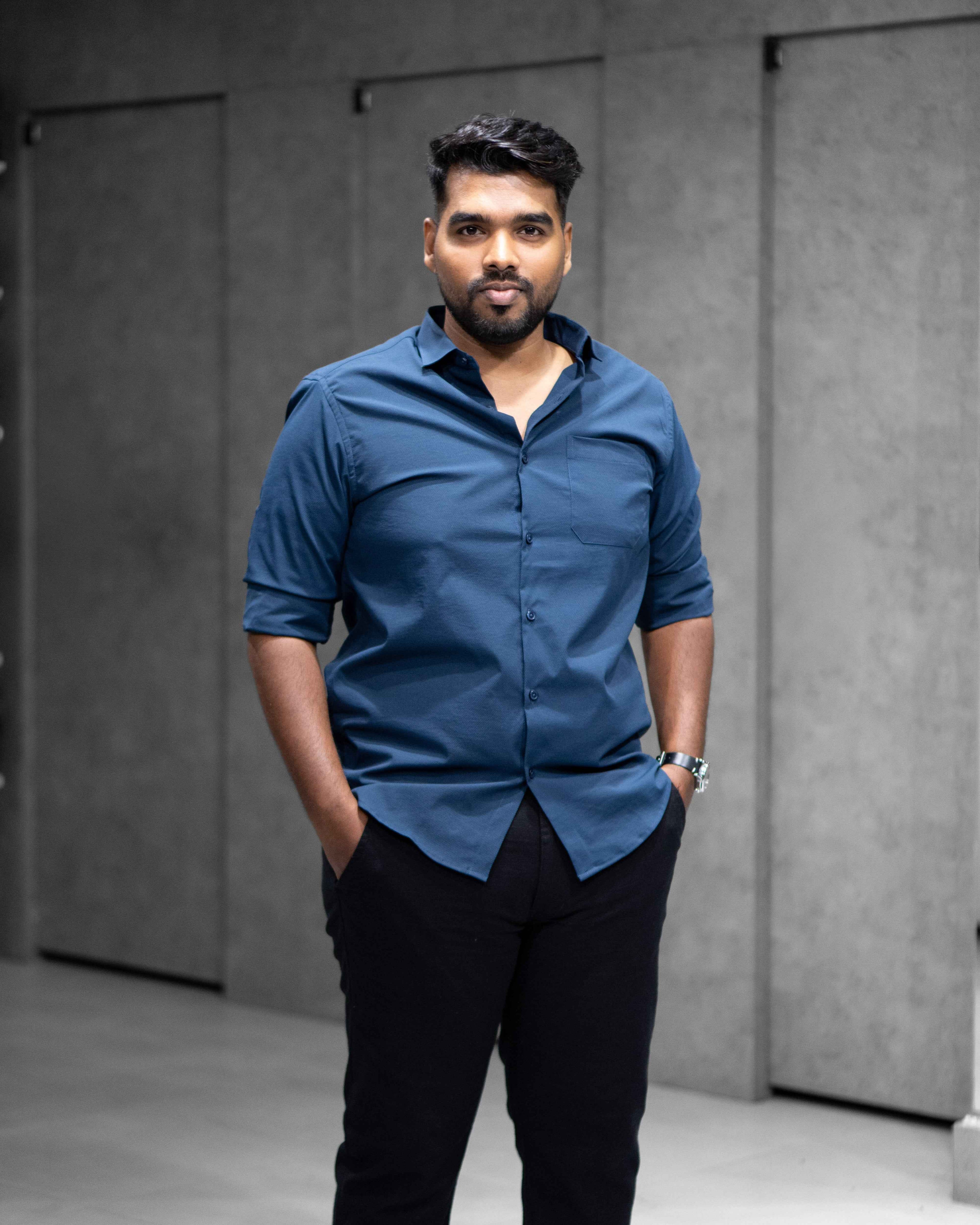 Menly Dark Blue Textured Satin Shirt
