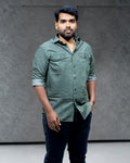 Olive Green Lightweight Denim Double Pocket Full Sleeve Shirt - Menly Clothing