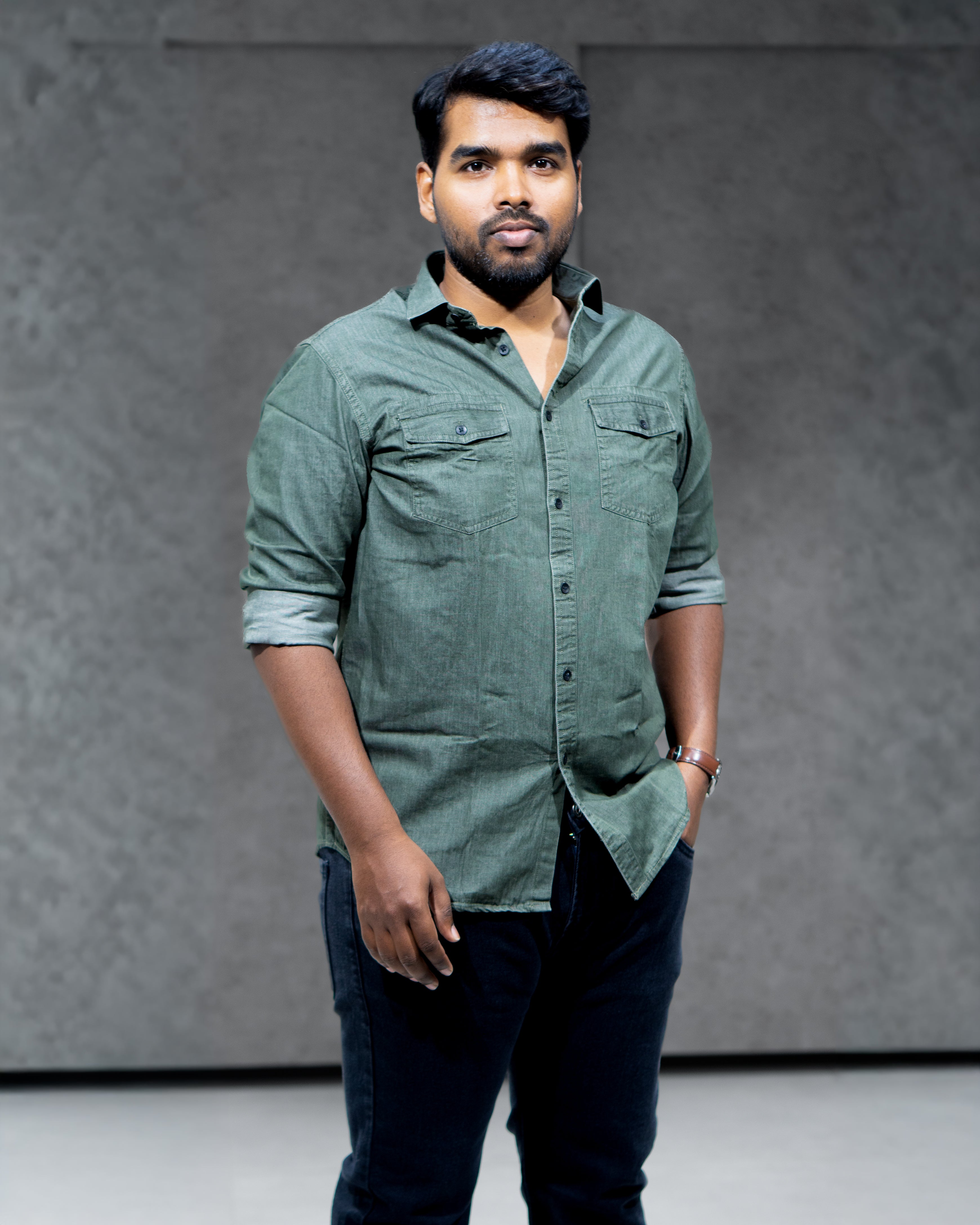 Olive Green Lightweight Denim Double Pocket Full Sleeve Shirt