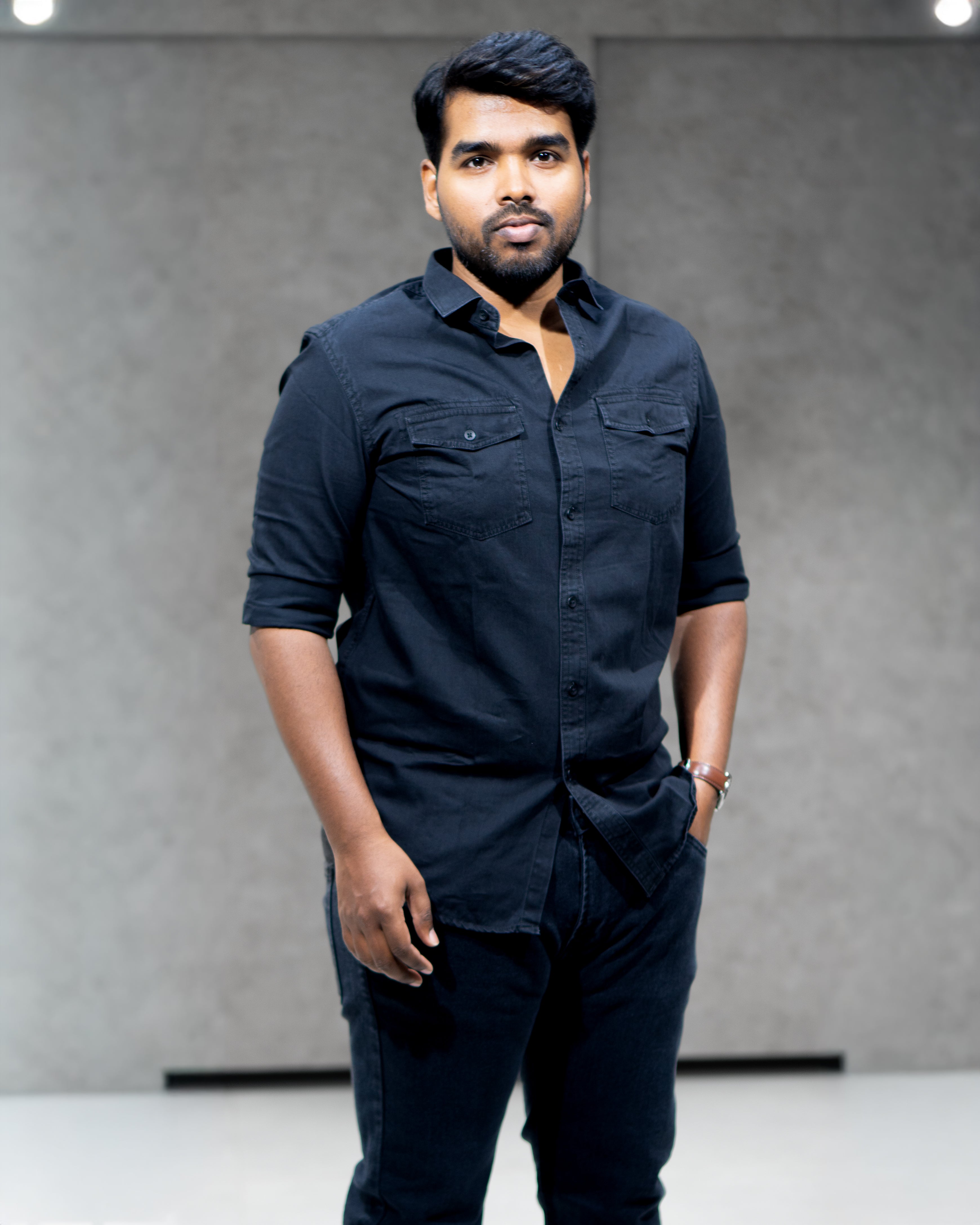 Jet Black Lightweight Denim Double Pocket Full Sleeve Shirt