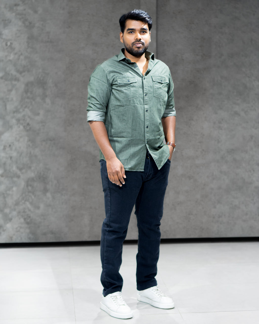 Olive Green Lightweight Denim Double Pocket Full Sleeve Shirt - Menly Clothing