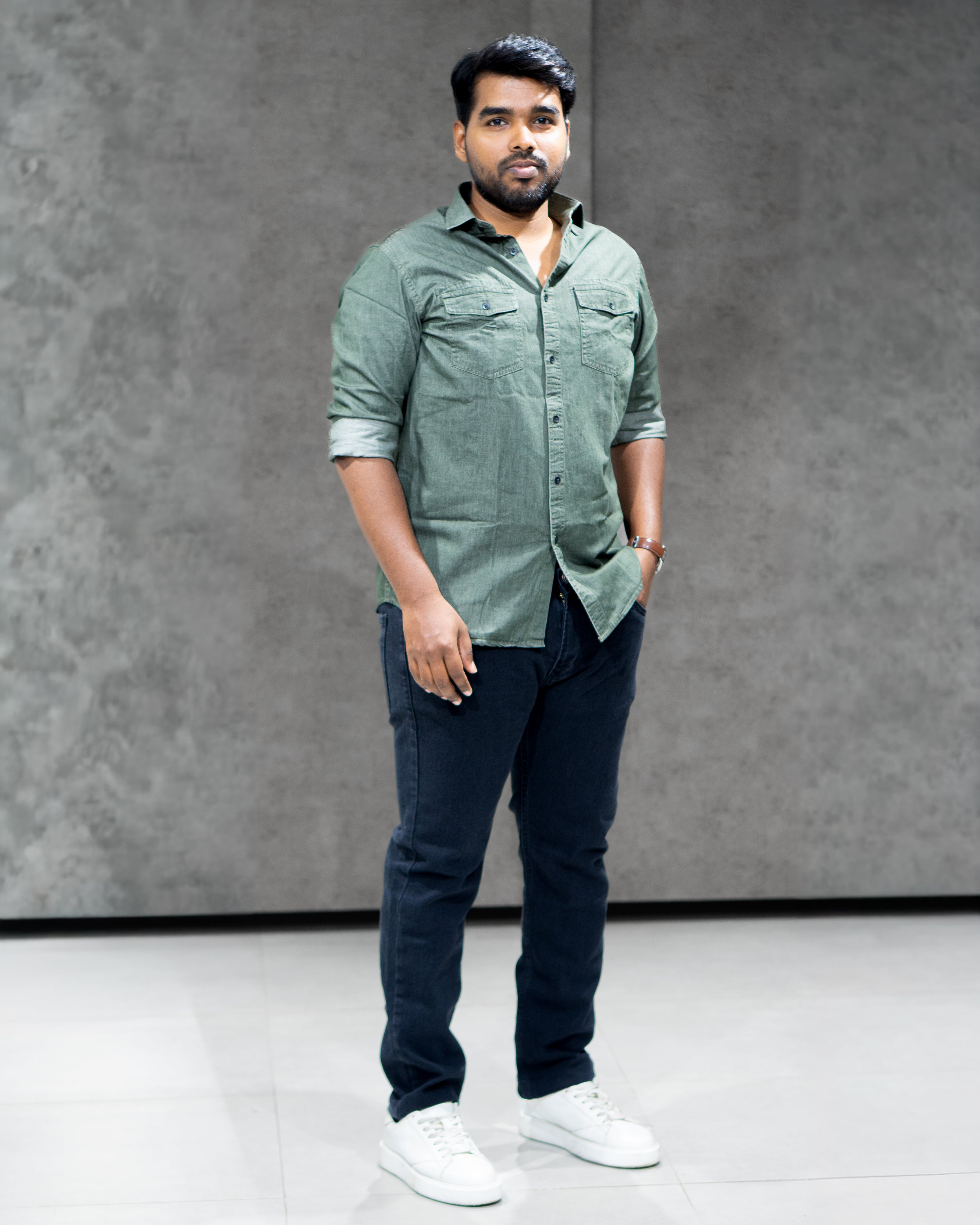 Olive Green Lightweight Denim Double Pocket Full Sleeve Shirt