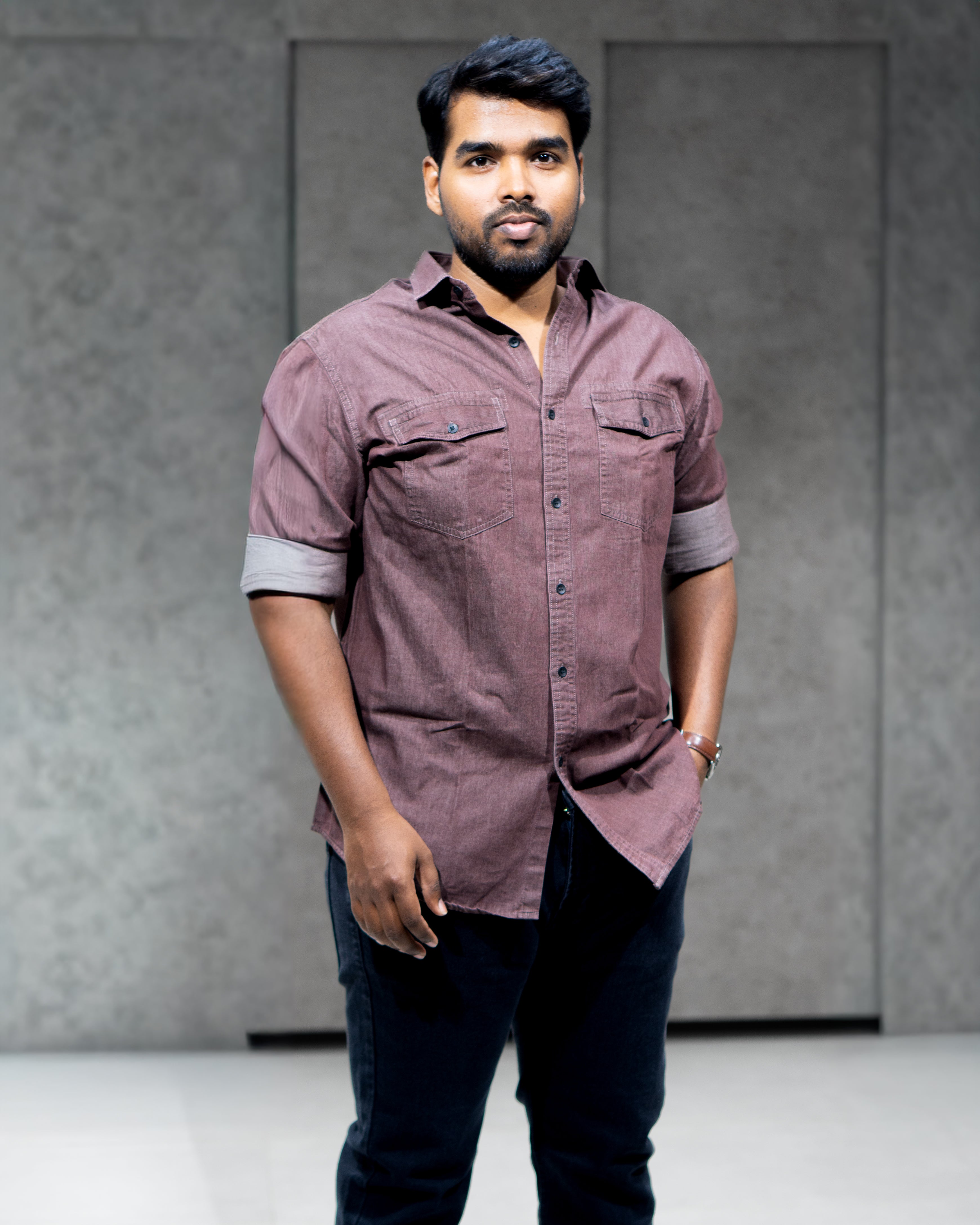 Mauve Brown Lightweight Denim Double Pocket Full Sleeve Shirt