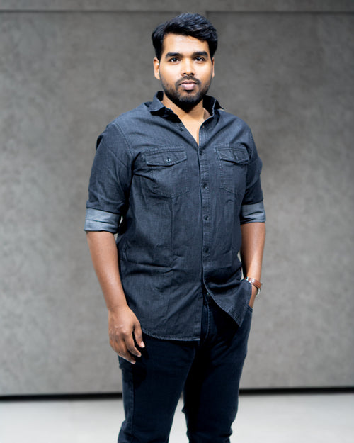 Charcoal Grey Lightweight Denim Double Pocket Full Sleeve Shirt - Menly Clothing