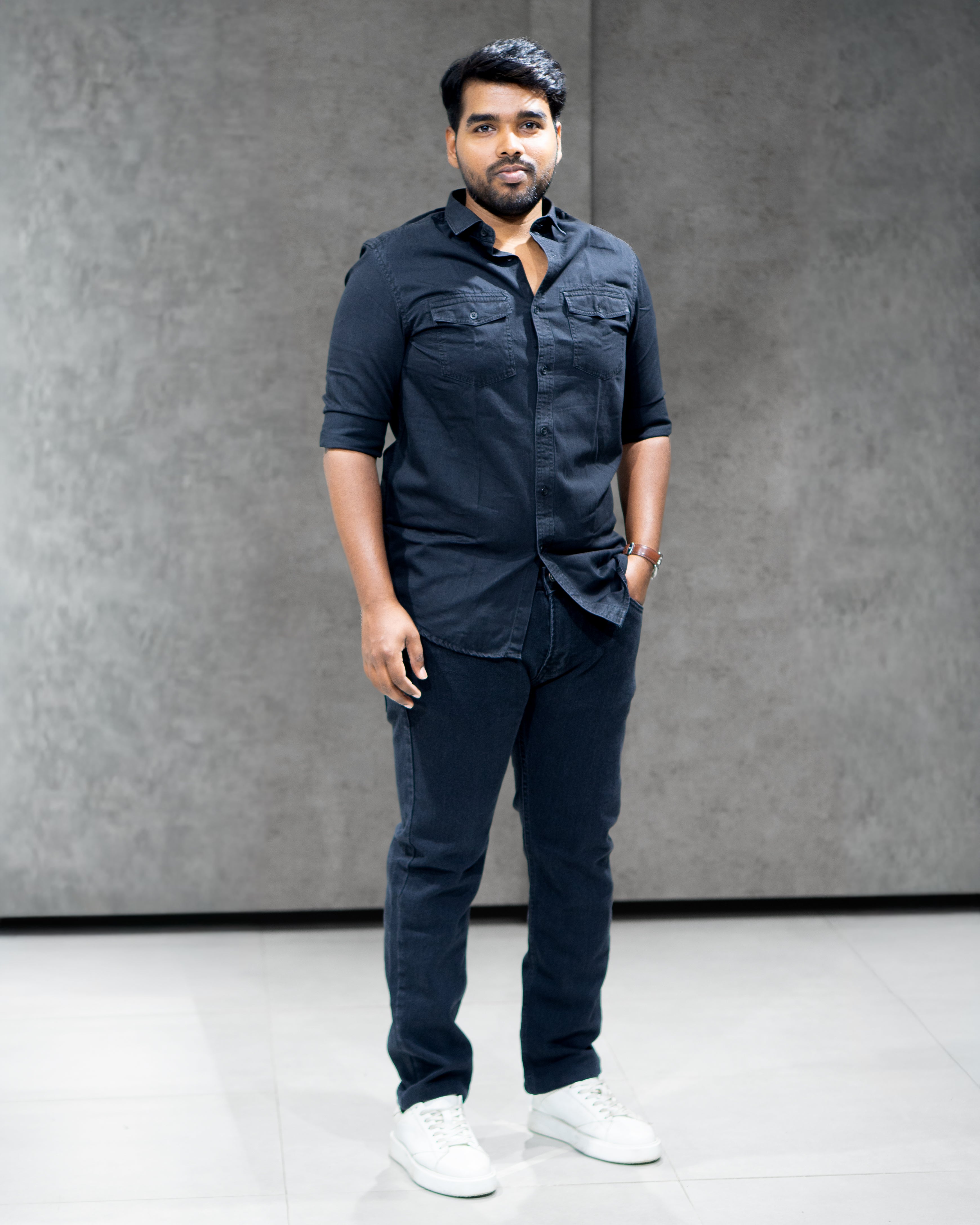 Jet Black Lightweight Denim Double Pocket Full Sleeve Shirt