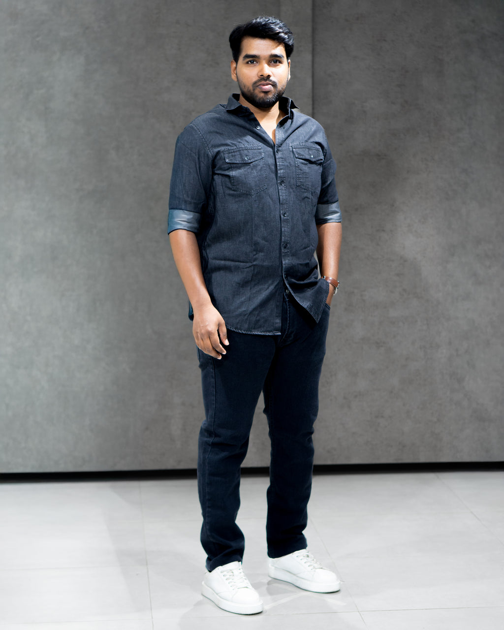 Charcoal Grey Lightweight Denim Double Pocket Full Sleeve Shirt - Menly Clothing