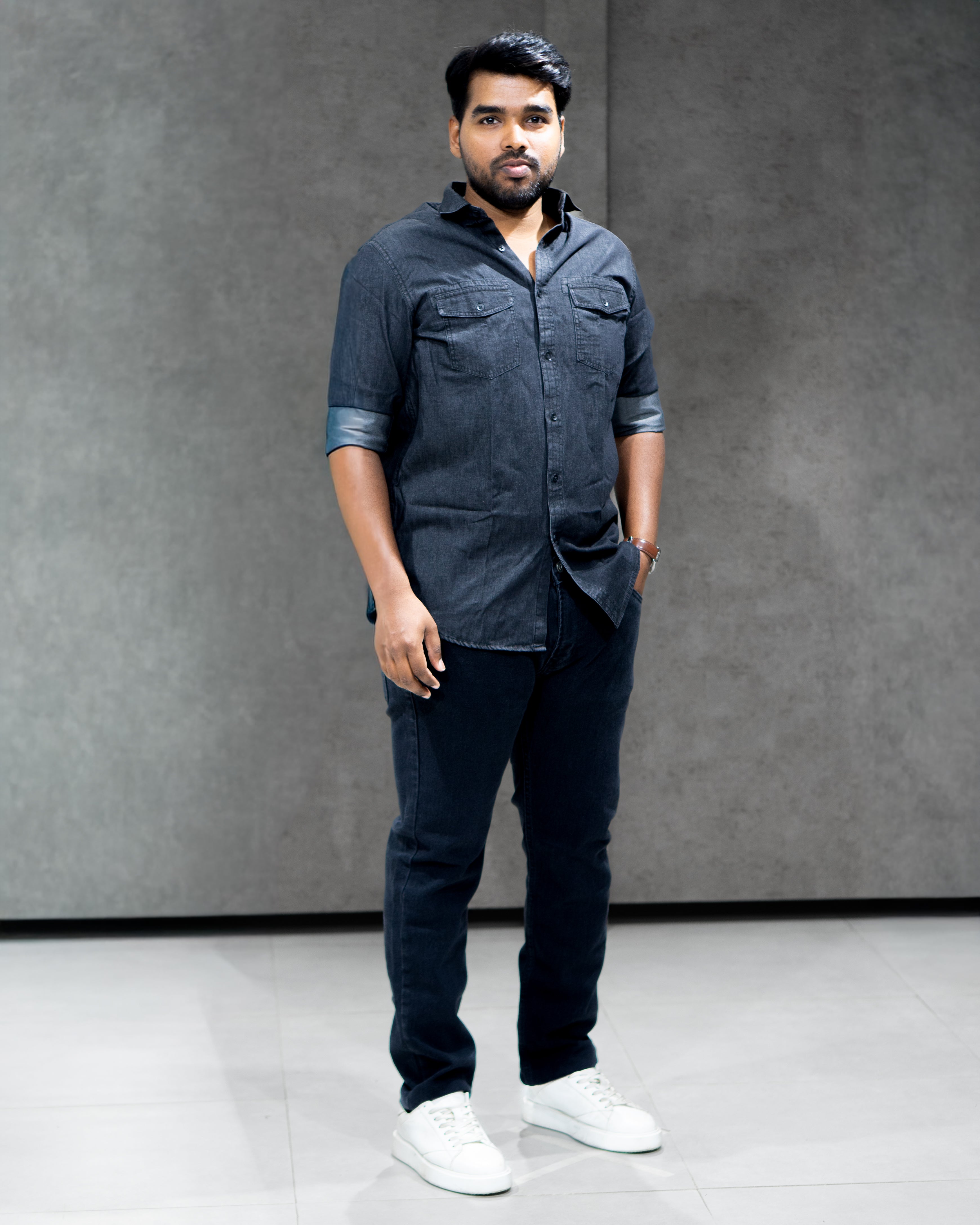 Charcoal Grey Lightweight Denim Double Pocket Full Sleeve Shirt