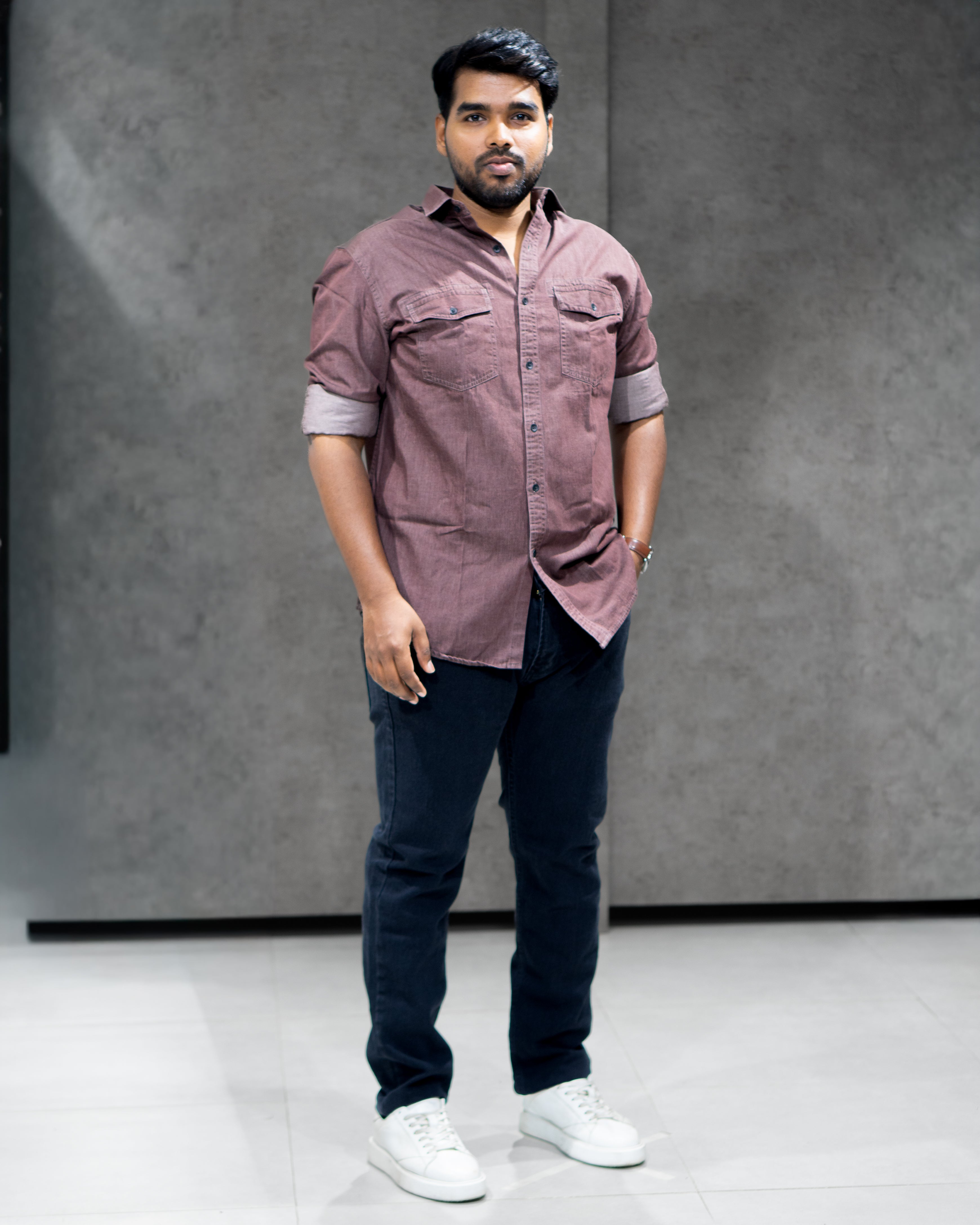 Mauve Brown Lightweight Denim Double Pocket Full Sleeve Shirt