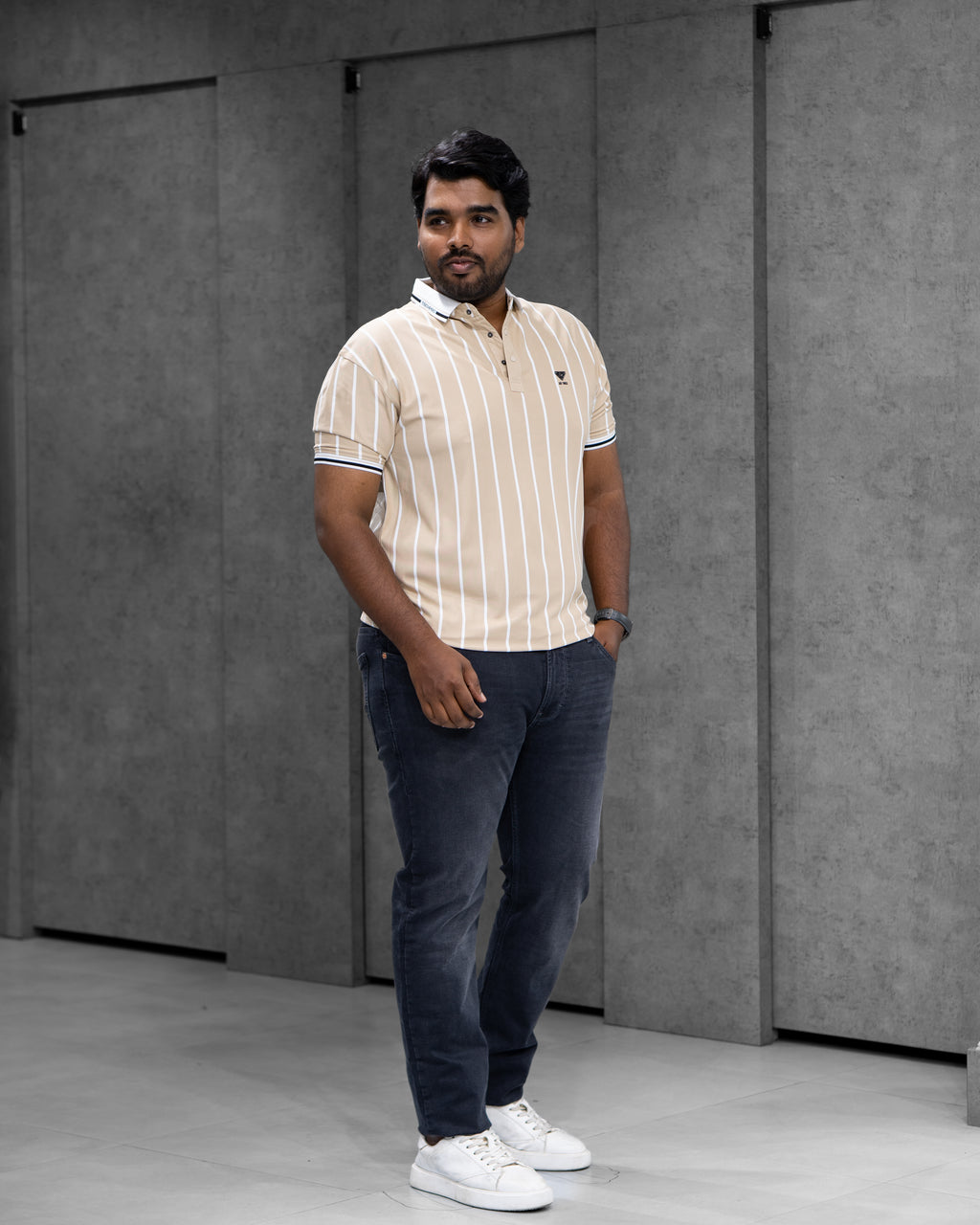 Desert Beige Striped Dry-Fit Polo - Menly Clothing
