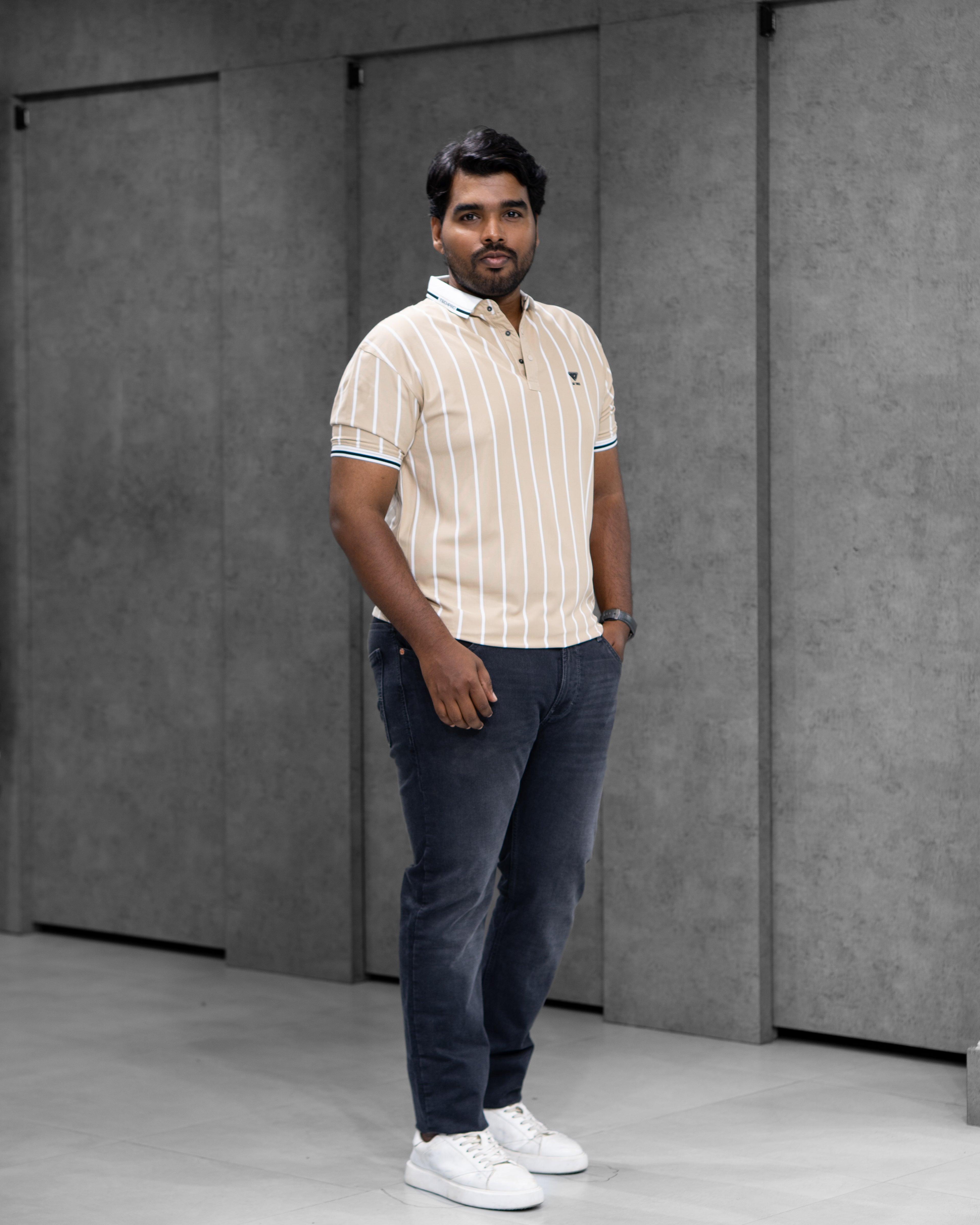 Desert Beige Striped Dry-Fit Polo - Menly Clothing