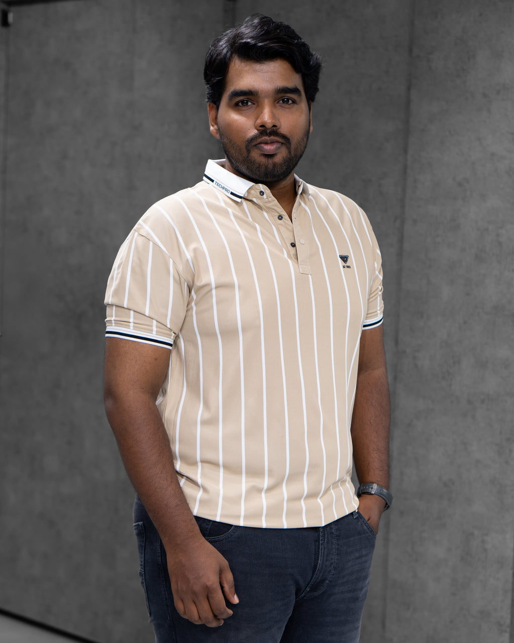 Desert Beige Striped Dry-Fit Polo - Menly Clothing