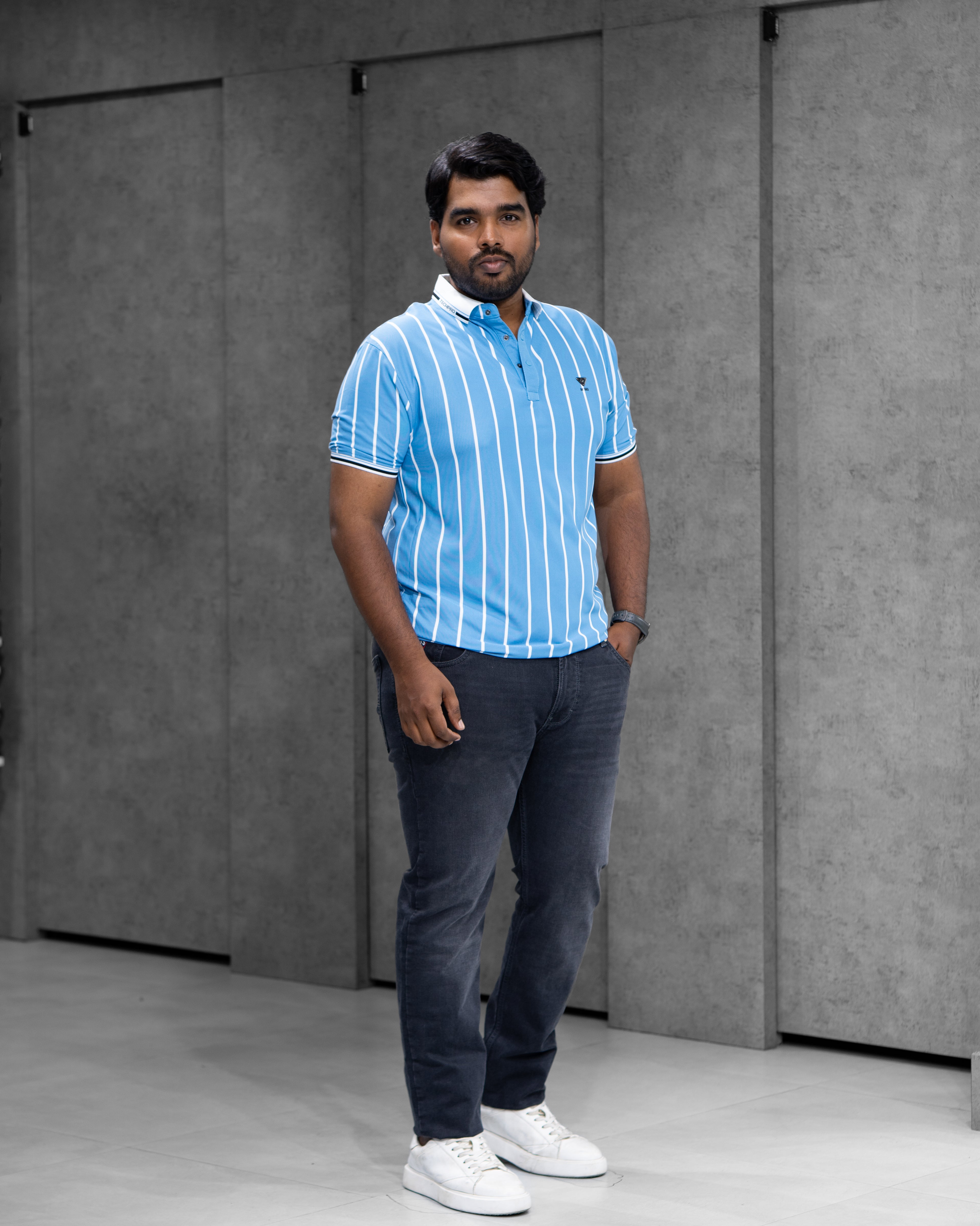 Sky Blue Striped Dry-Fit Polo - Menly Clothing