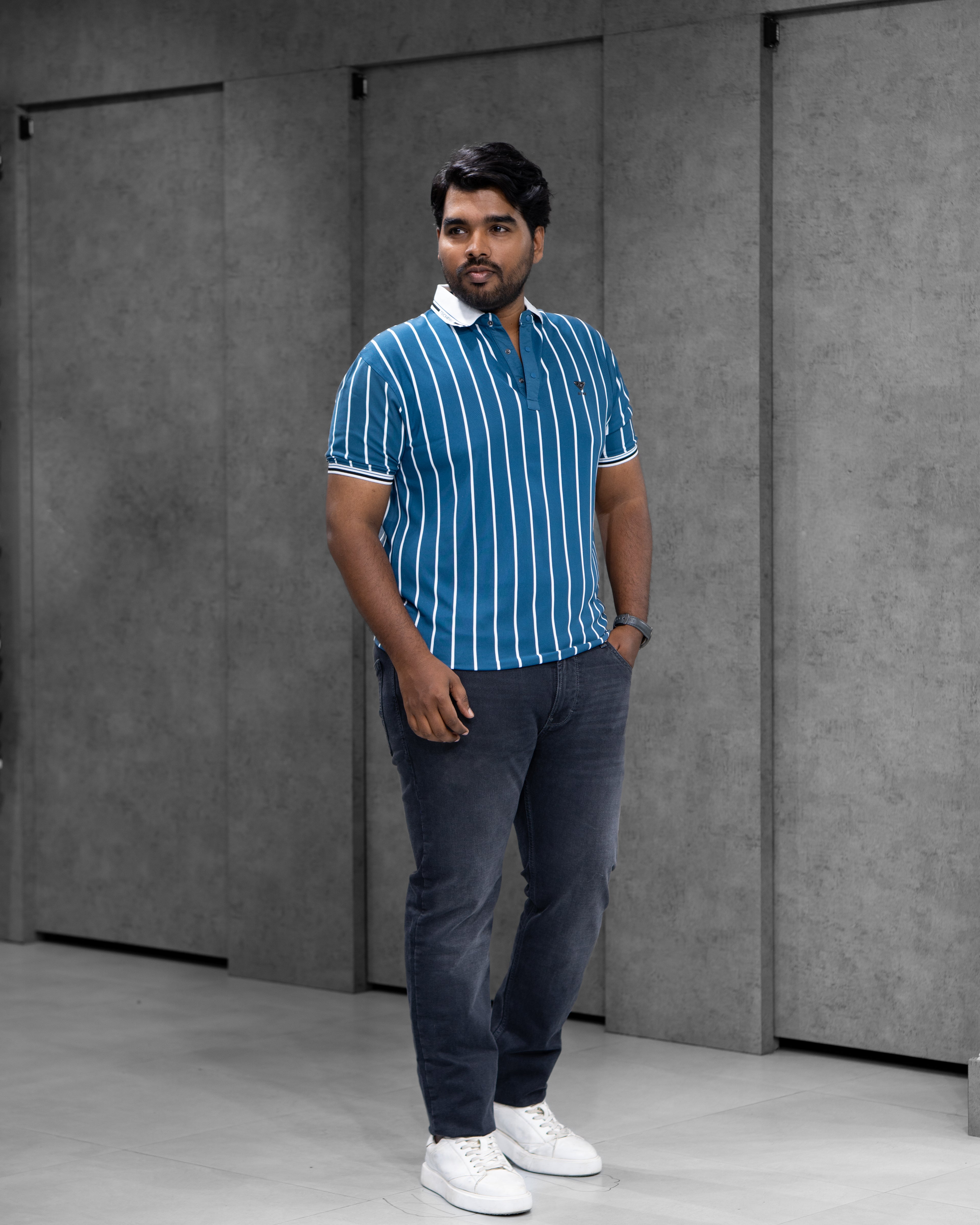 Dark Teal Striped Dry-Fit Polo - Menly Clothing