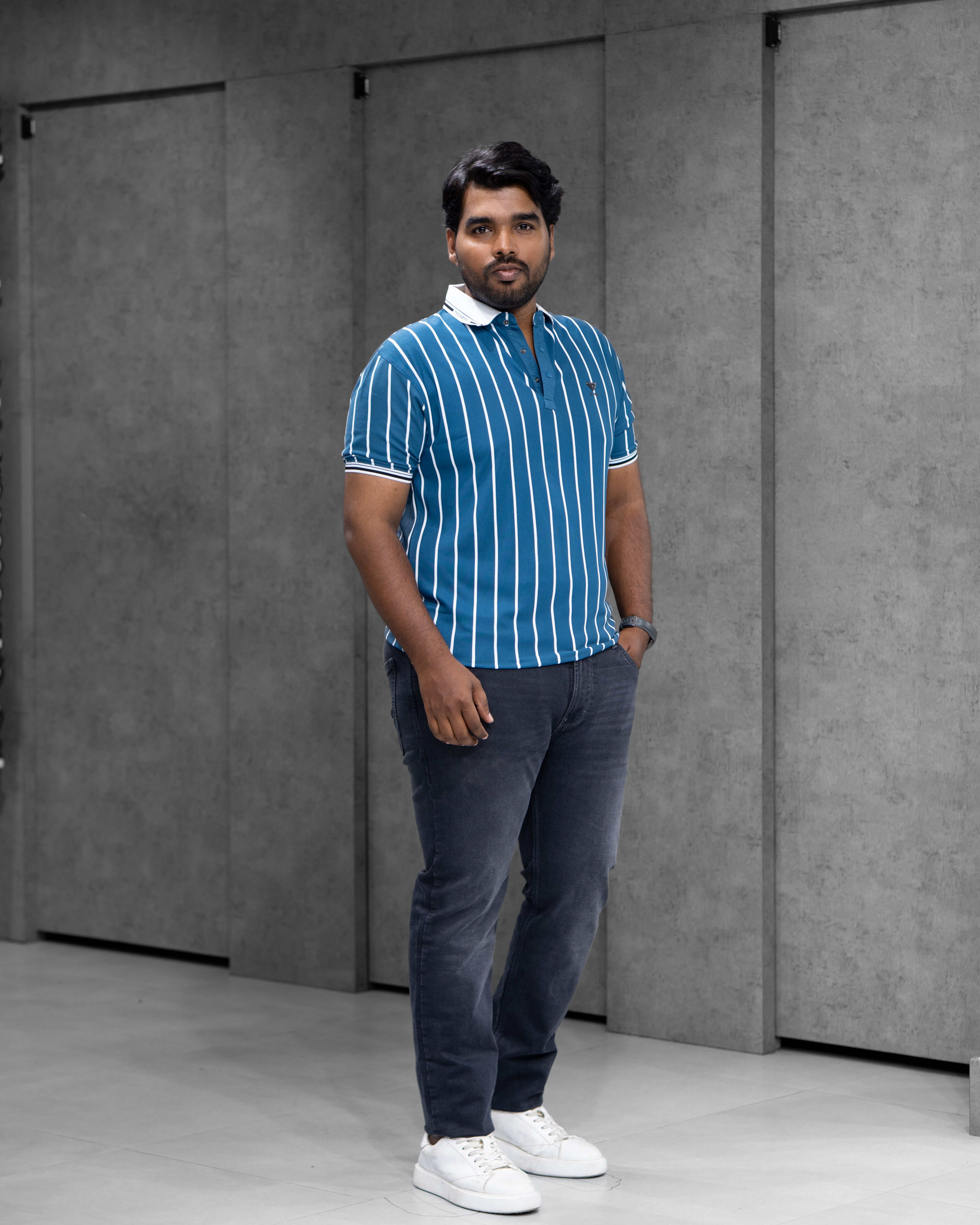 Dark Teal Striped Dry-Fit Polo - Menly Clothing