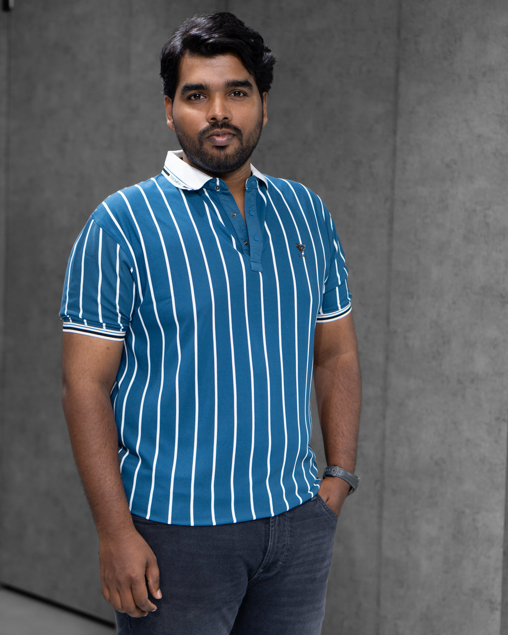 Dark Teal Striped Dry-Fit Polo - Menly Clothing