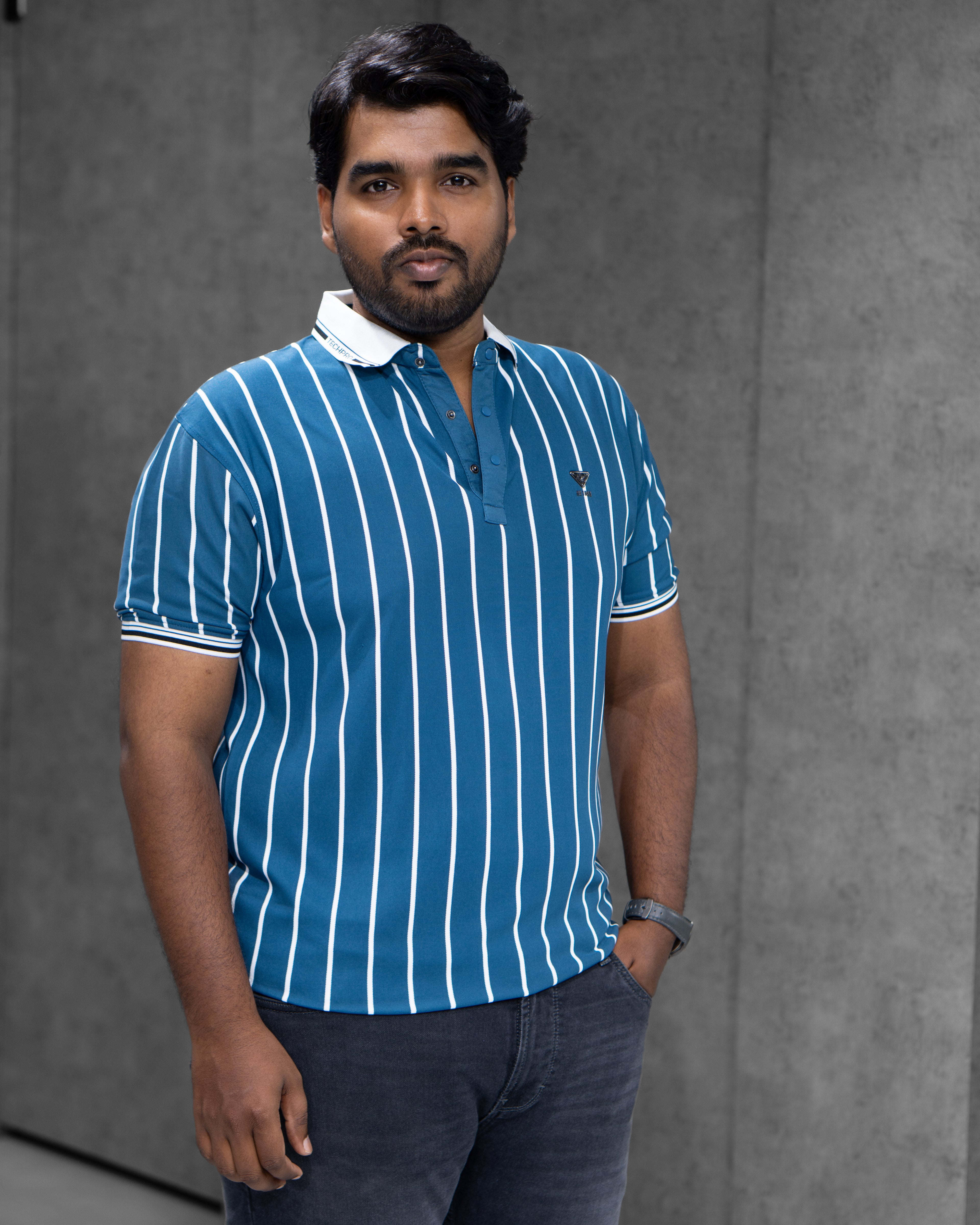 Dark Teal Striped Dry-Fit Polo - Menly Clothing