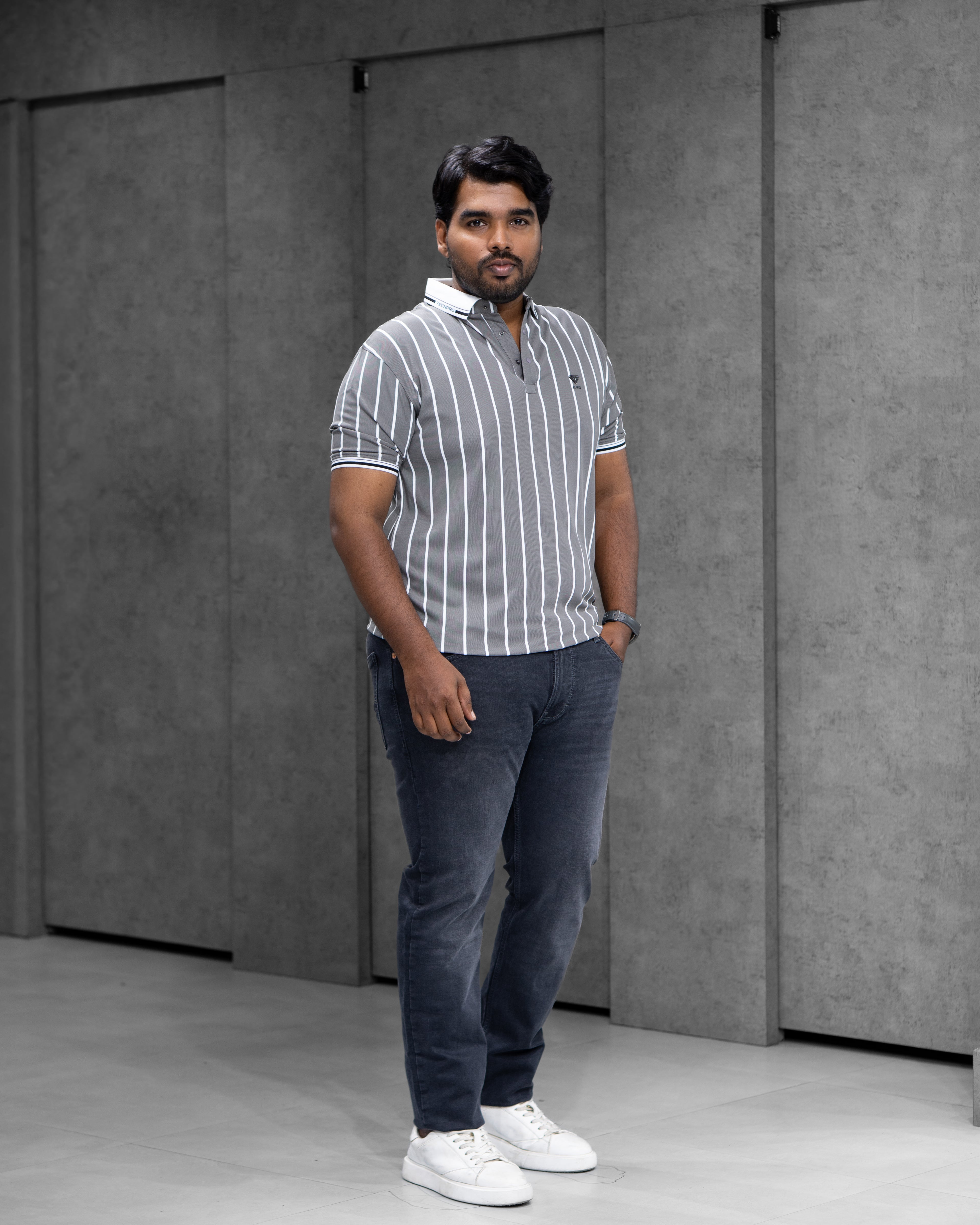Ash Grey Striped Dry-Fit Polo - Menly Clothing