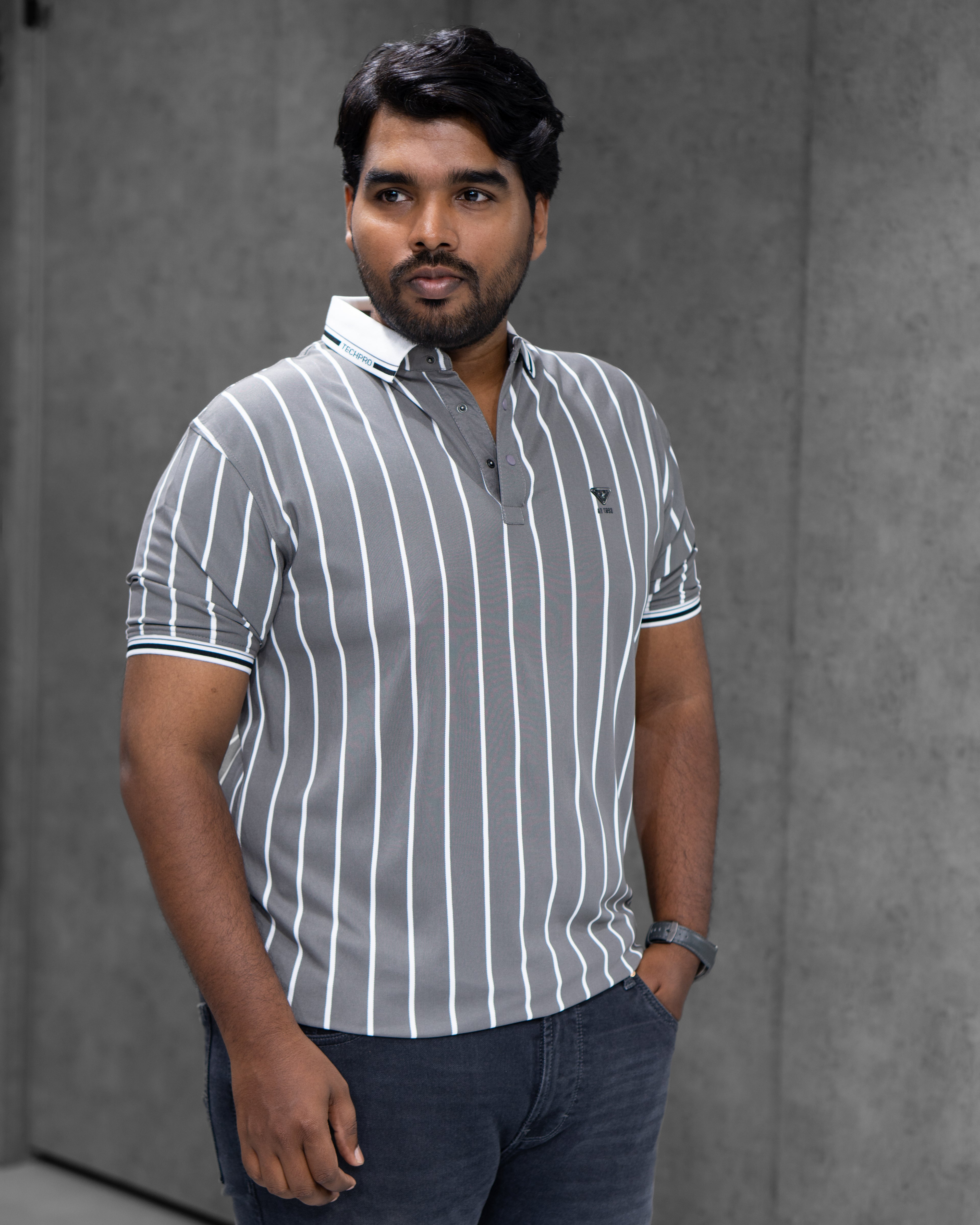 Ash Grey Striped Dry-Fit Polo - Menly Clothing