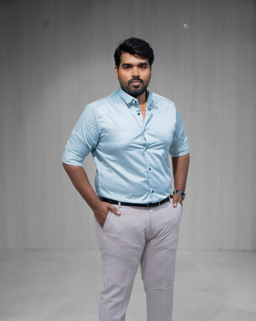 Aqua Blue Satin Full Sleeve Shirt