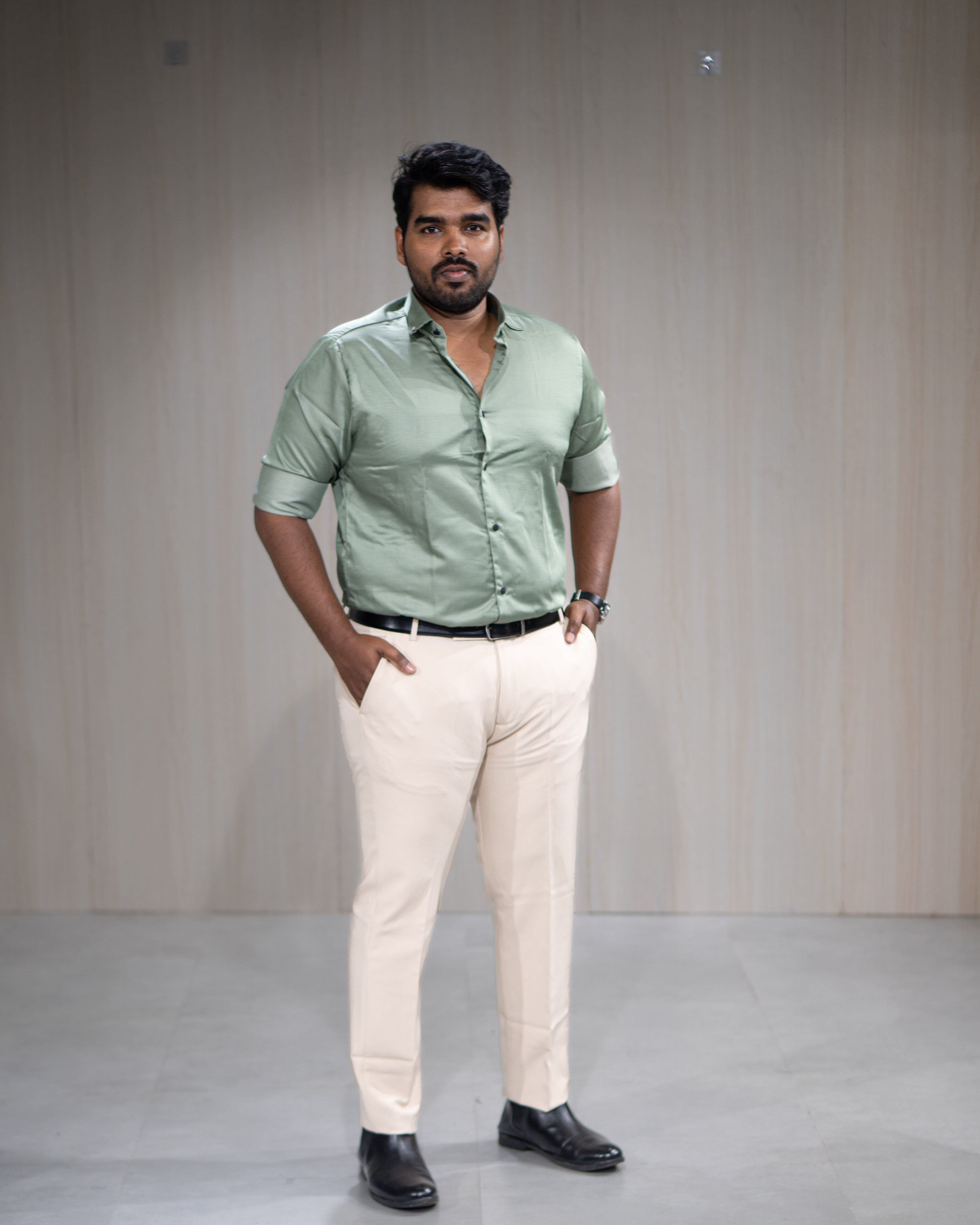 Sage Green Satin Full Sleeve Shirt - Menly Clothing
