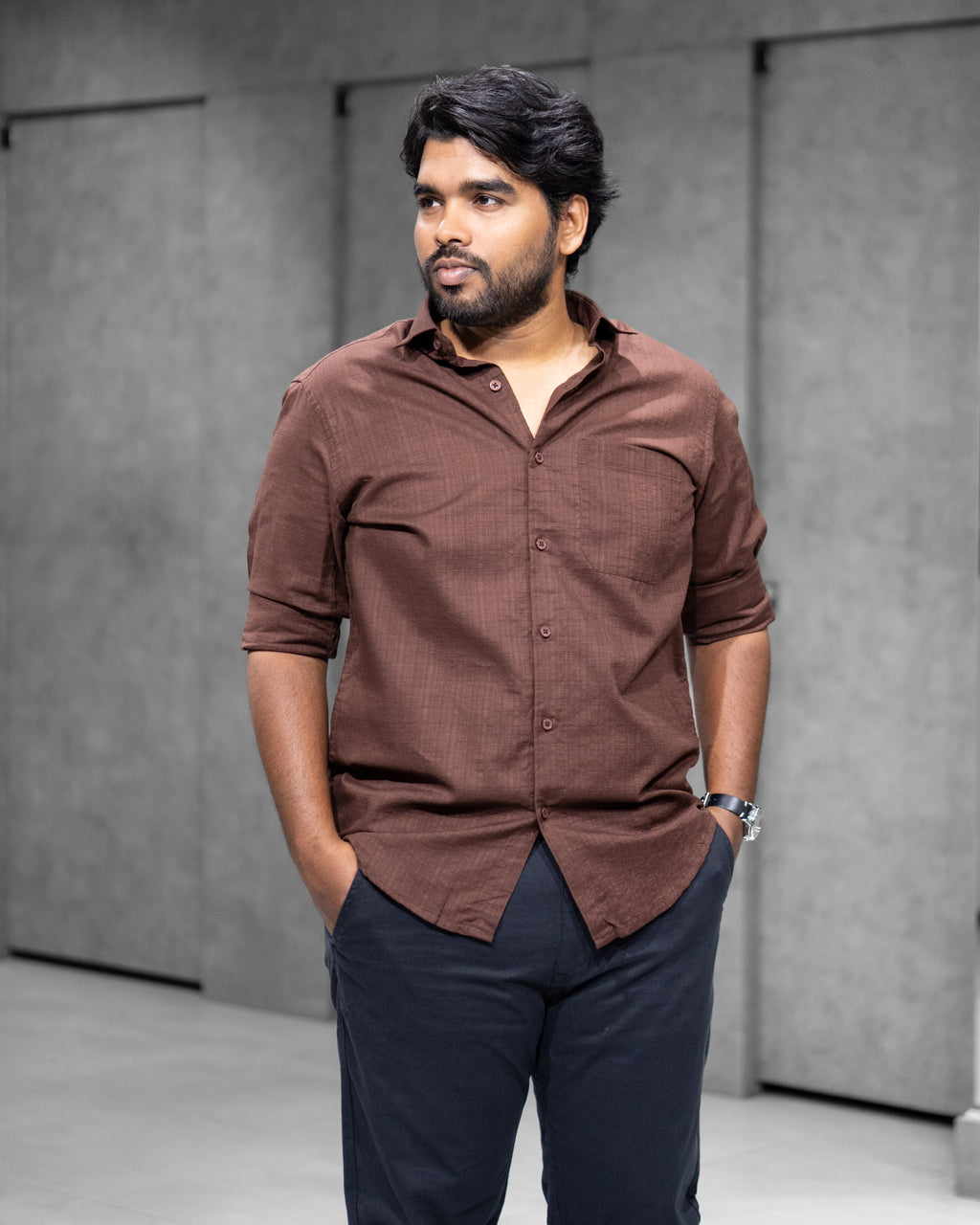 Cocoa Brown Linen Blended Shirt