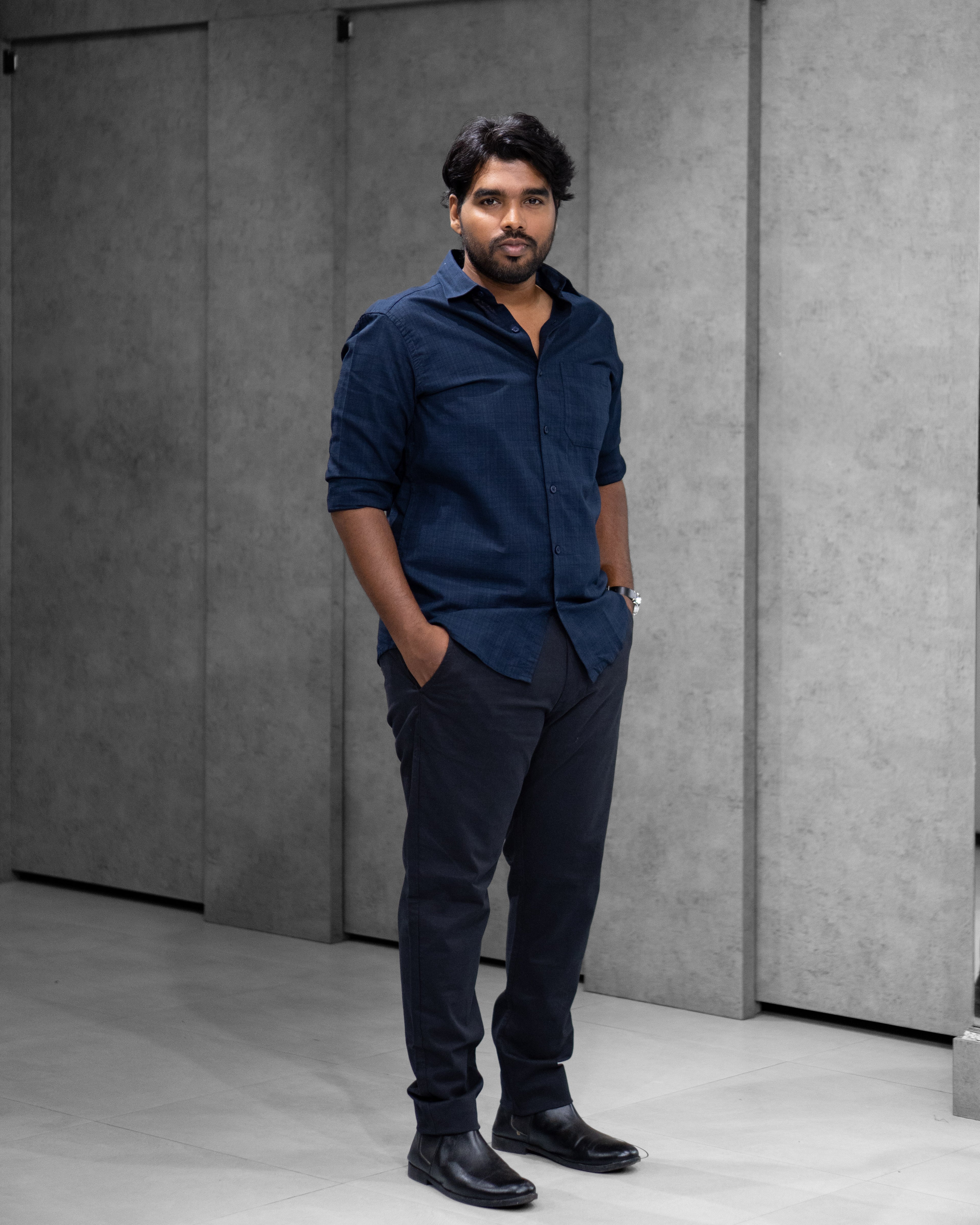 Navy Blue Linen Blended Shirt
