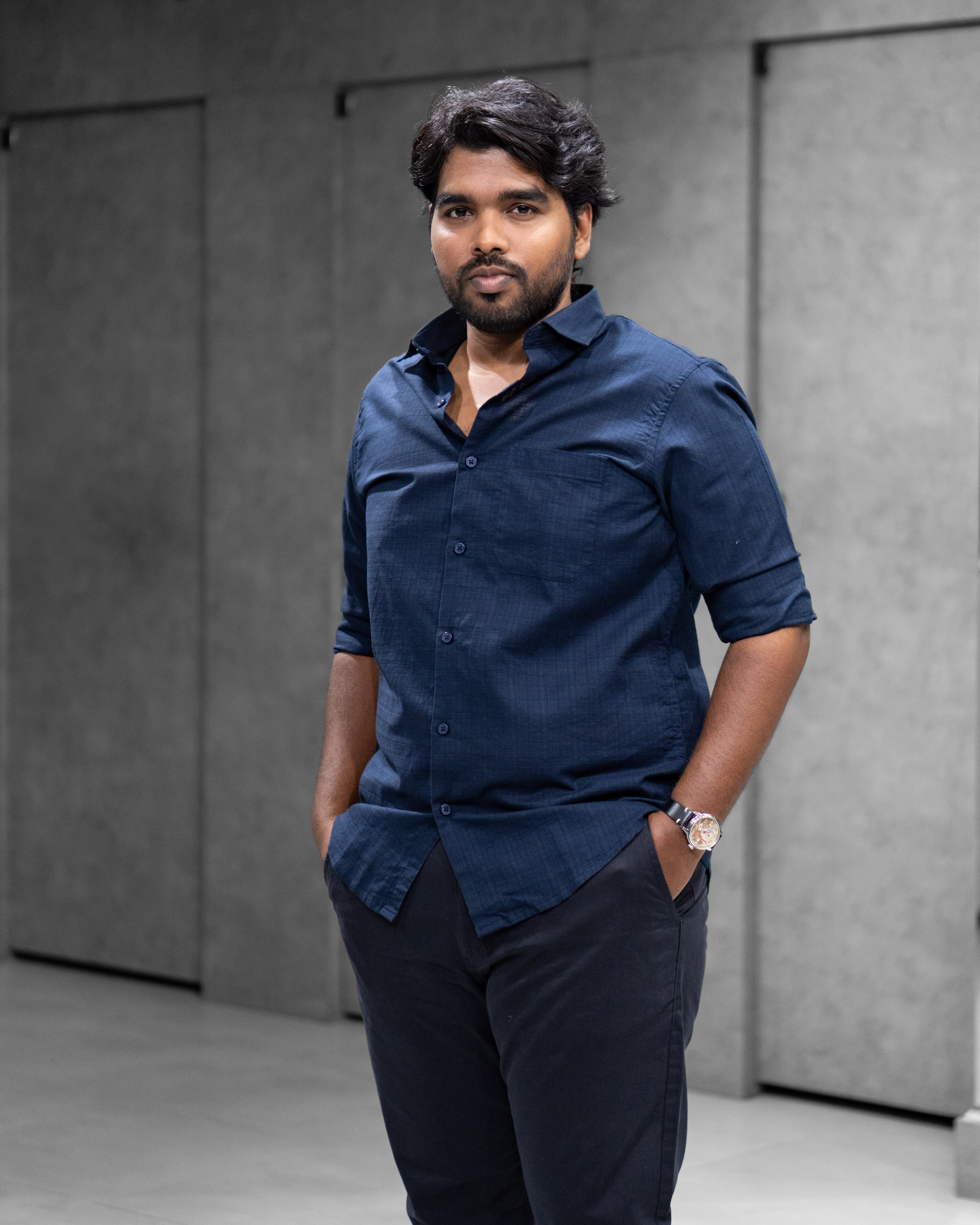 Navy Blue Linen Blended Shirt