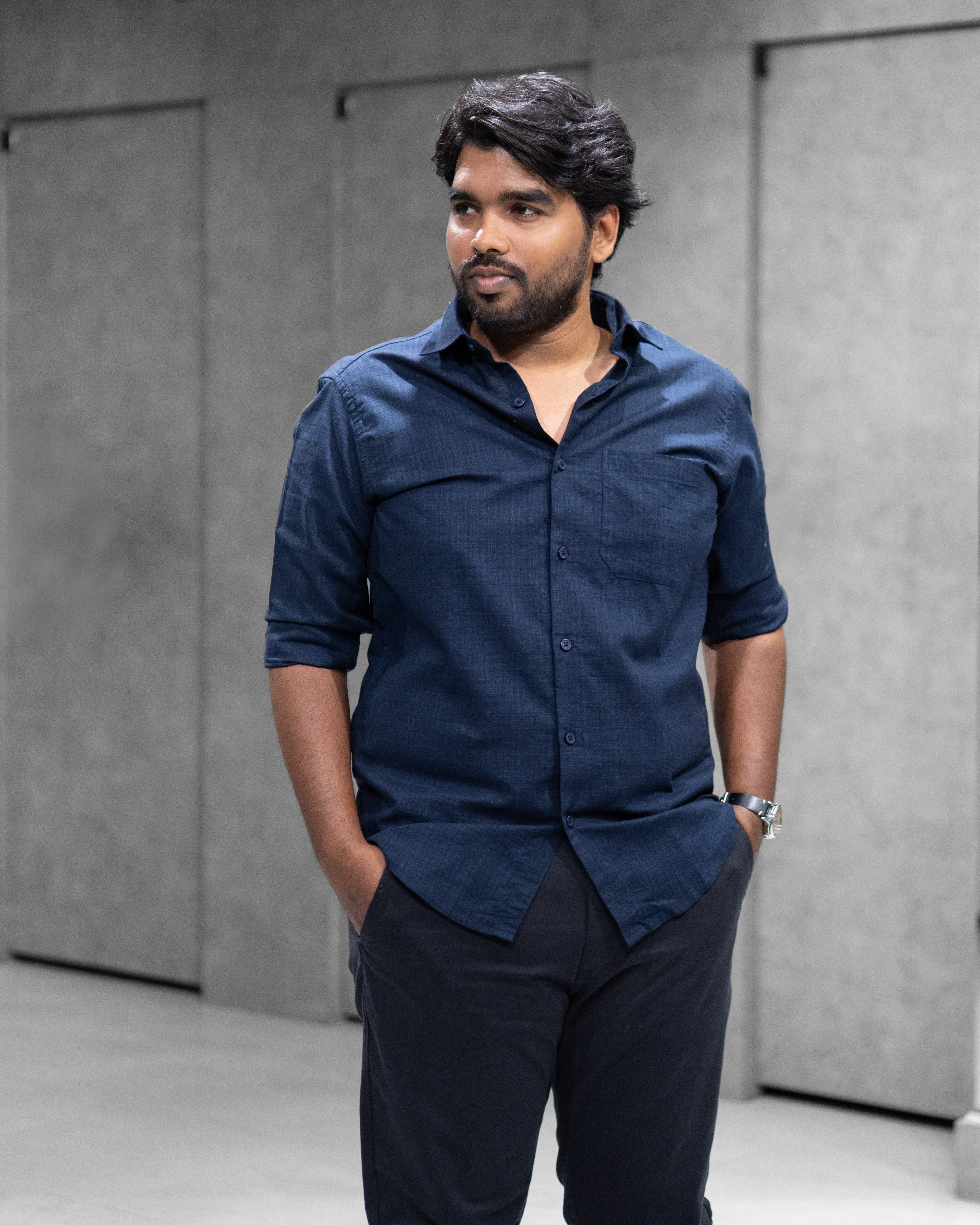 Navy Blue Linen Blended Shirt