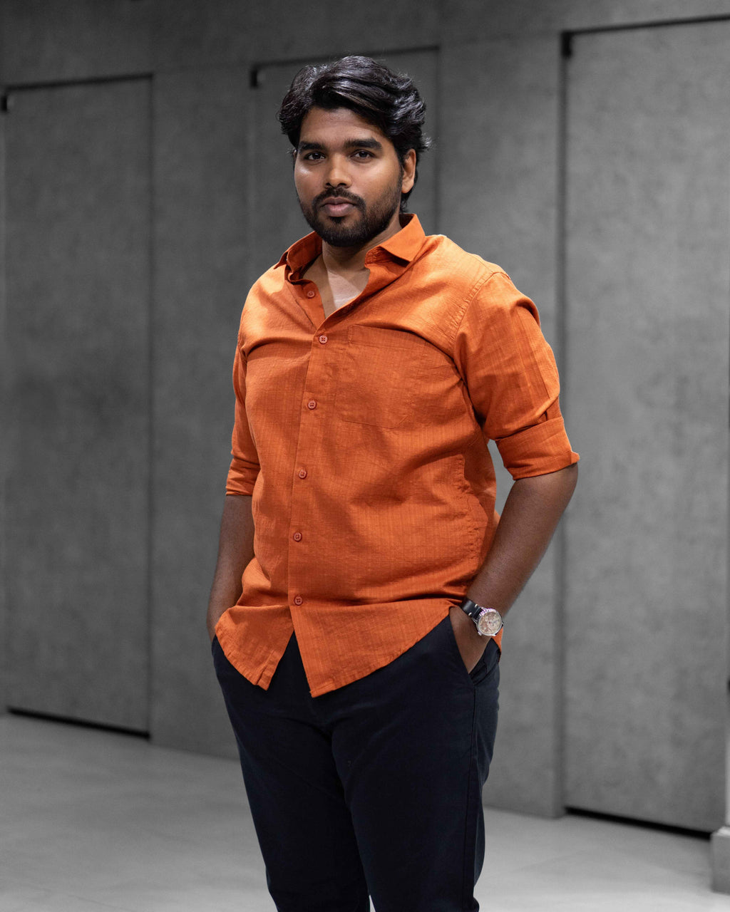 Rust Orange Linen Blended Shirt