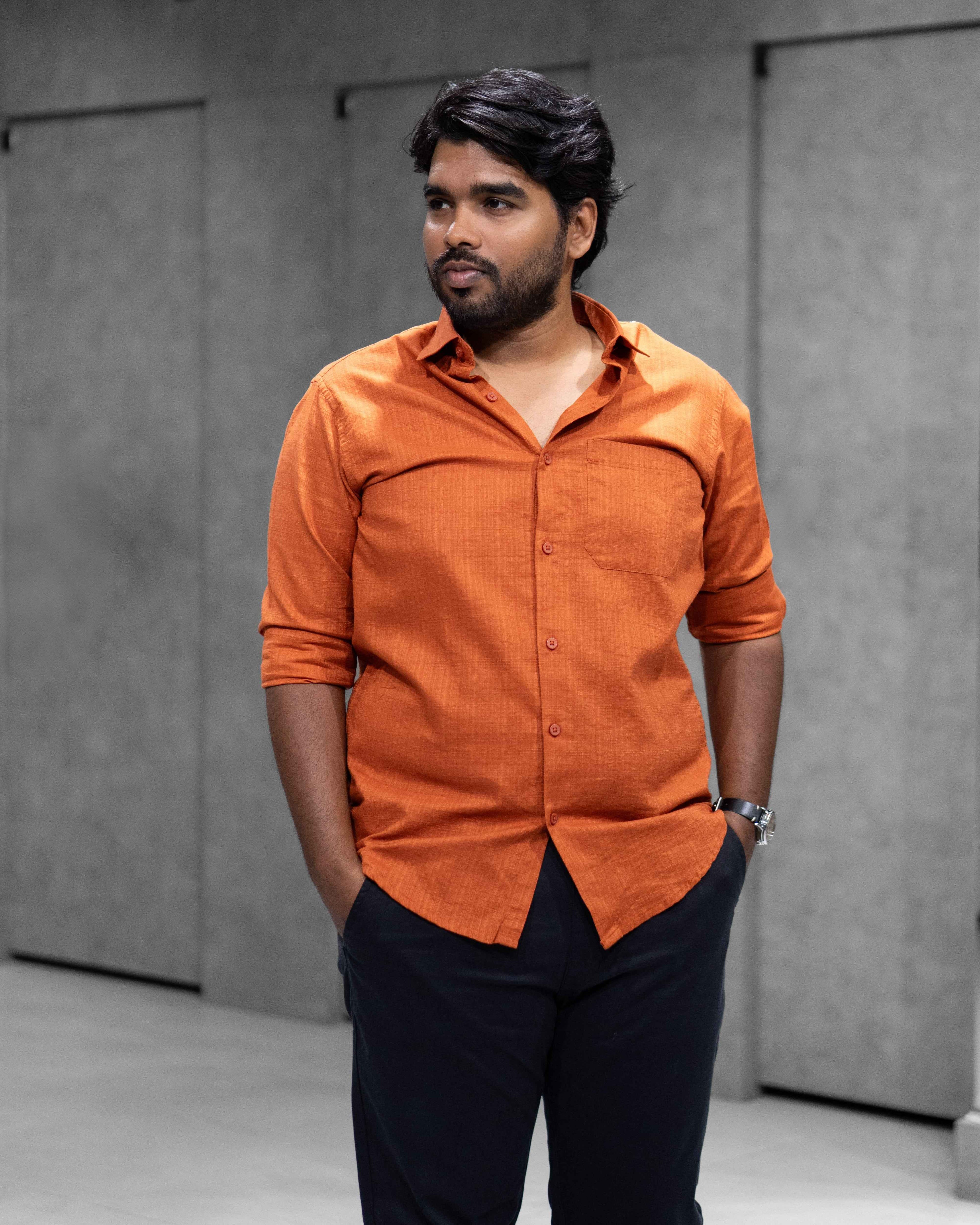 Rust Orange Linen Blended Shirt